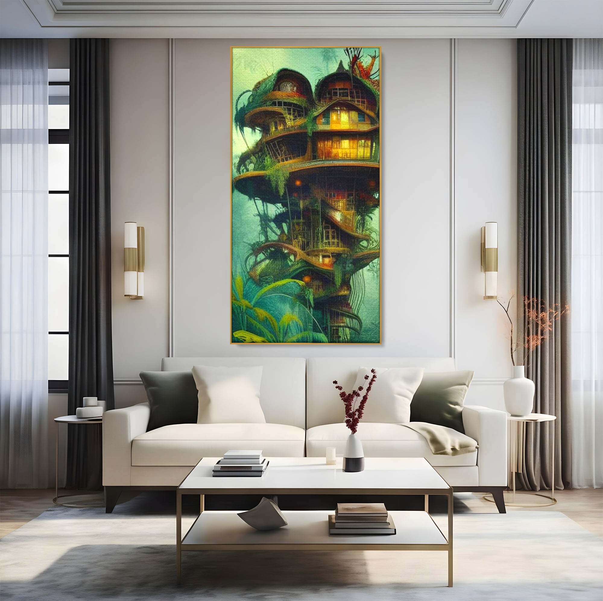 Tablou Canvas Premium, LuxCanva® K1015, Casuta din Copacul Vrajit, Turn, Padure, Fermecata, Aventura, Refugiu, Secrete, Spiridusi, Basm, Fantasma, Natura, Verde, Camera Copii