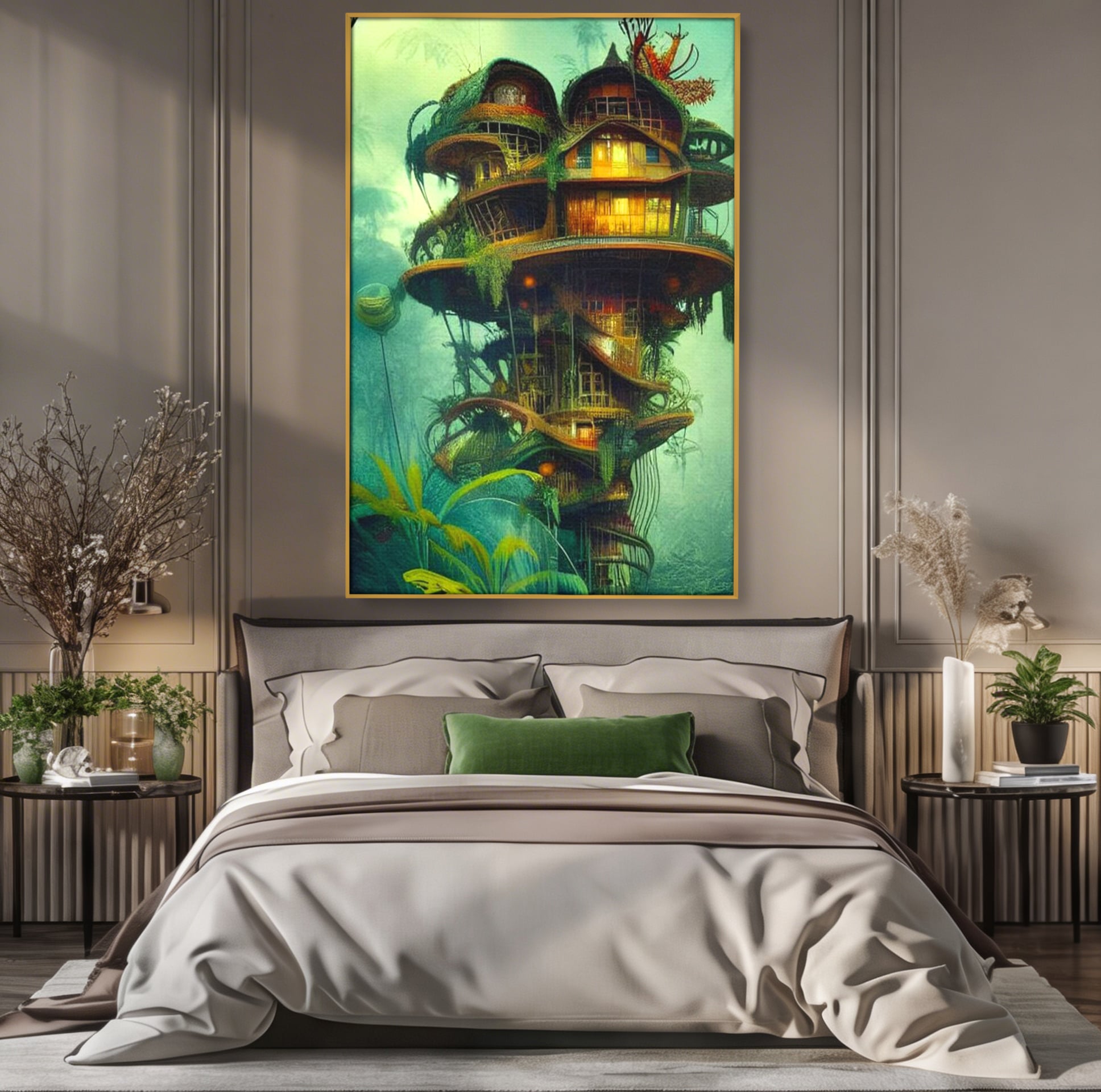Tablou Canvas Premium, LuxCanva® K1015, Casuta din Copacul Vrajit, Turn, Padure, Fermecata, Aventura, Refugiu, Secrete, Spiridusi, Basm, Fantasma, Natura, Verde, Camera Copii