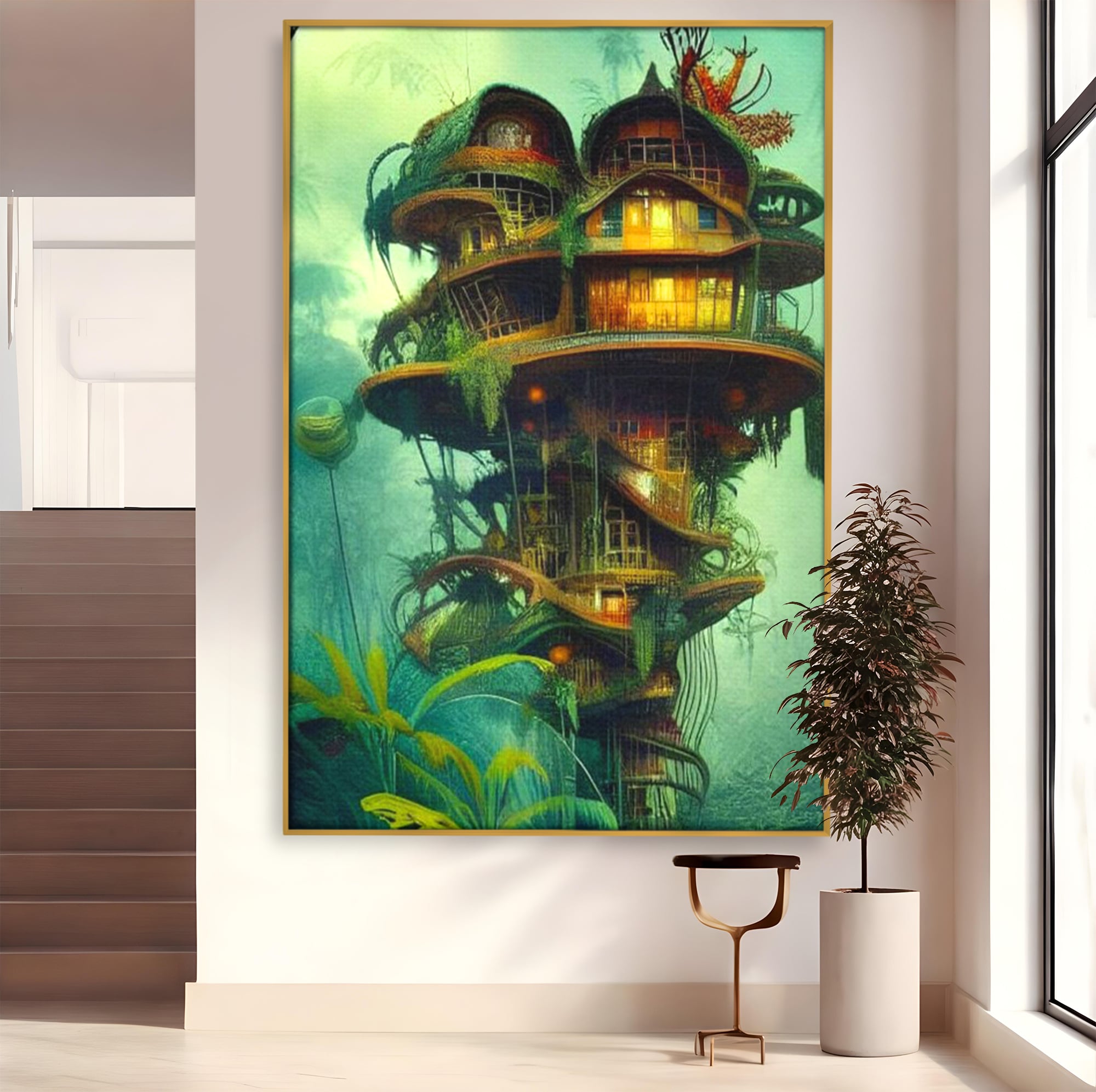 Tablou Canvas Premium, LuxCanva® K1015, Casuta din Copacul Vrajit, Turn, Padure, Fermecata, Aventura, Refugiu, Secrete, Spiridusi, Basm, Fantasma, Natura, Verde, Camera Copii