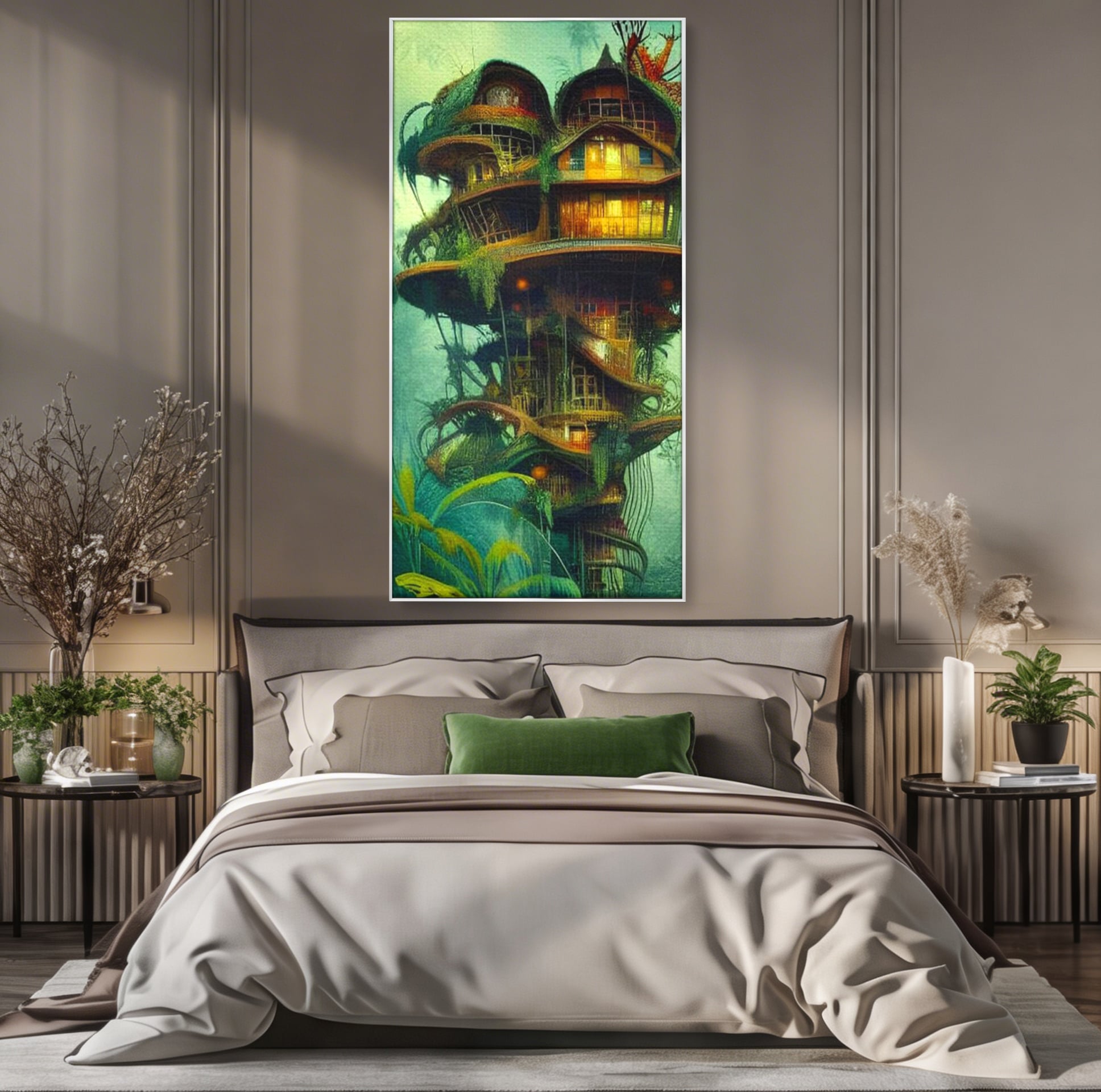 Tablou Canvas Premium, LuxCanva® K1015, Casuta din Copacul Vrajit, Turn, Padure, Fermecata, Aventura, Refugiu, Secrete, Spiridusi, Basm, Fantasma, Natura, Verde, Camera Copii