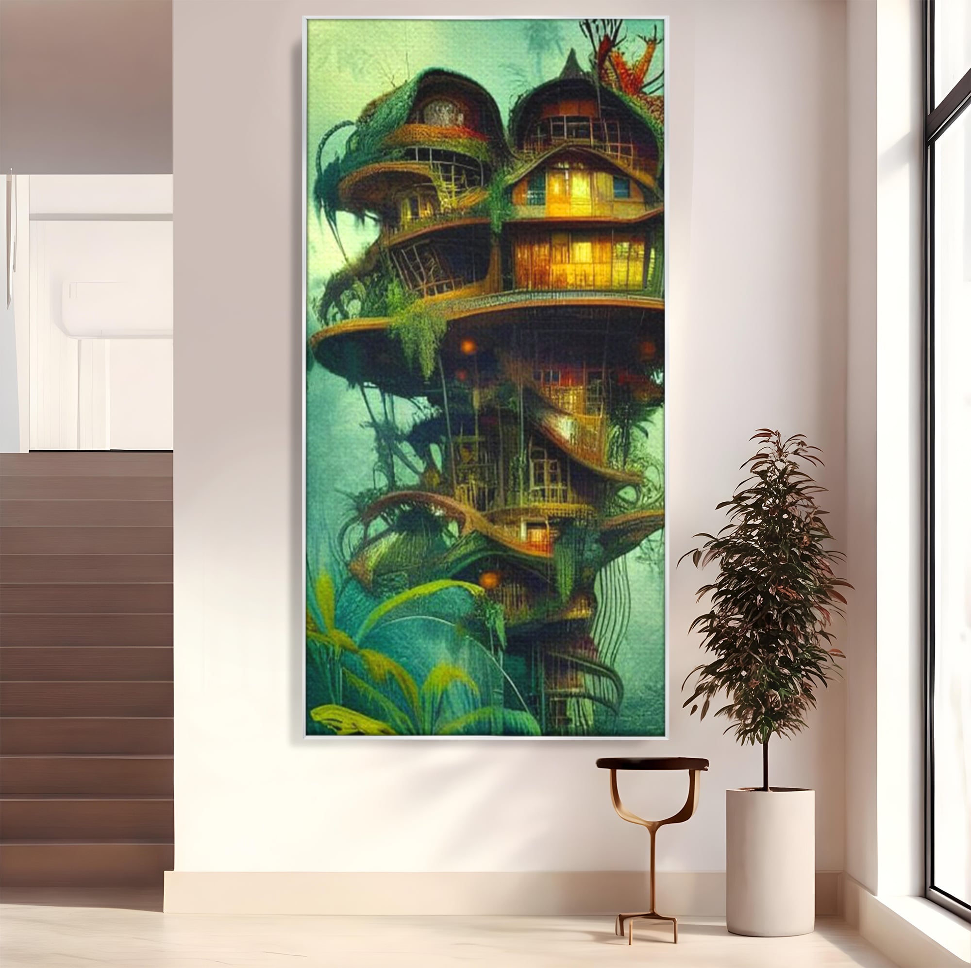 Tablou Canvas Premium, LuxCanva® K1015, Casuta din Copacul Vrajit, Turn, Padure, Fermecata, Aventura, Refugiu, Secrete, Spiridusi, Basm, Fantasma, Natura, Verde, Camera Copii