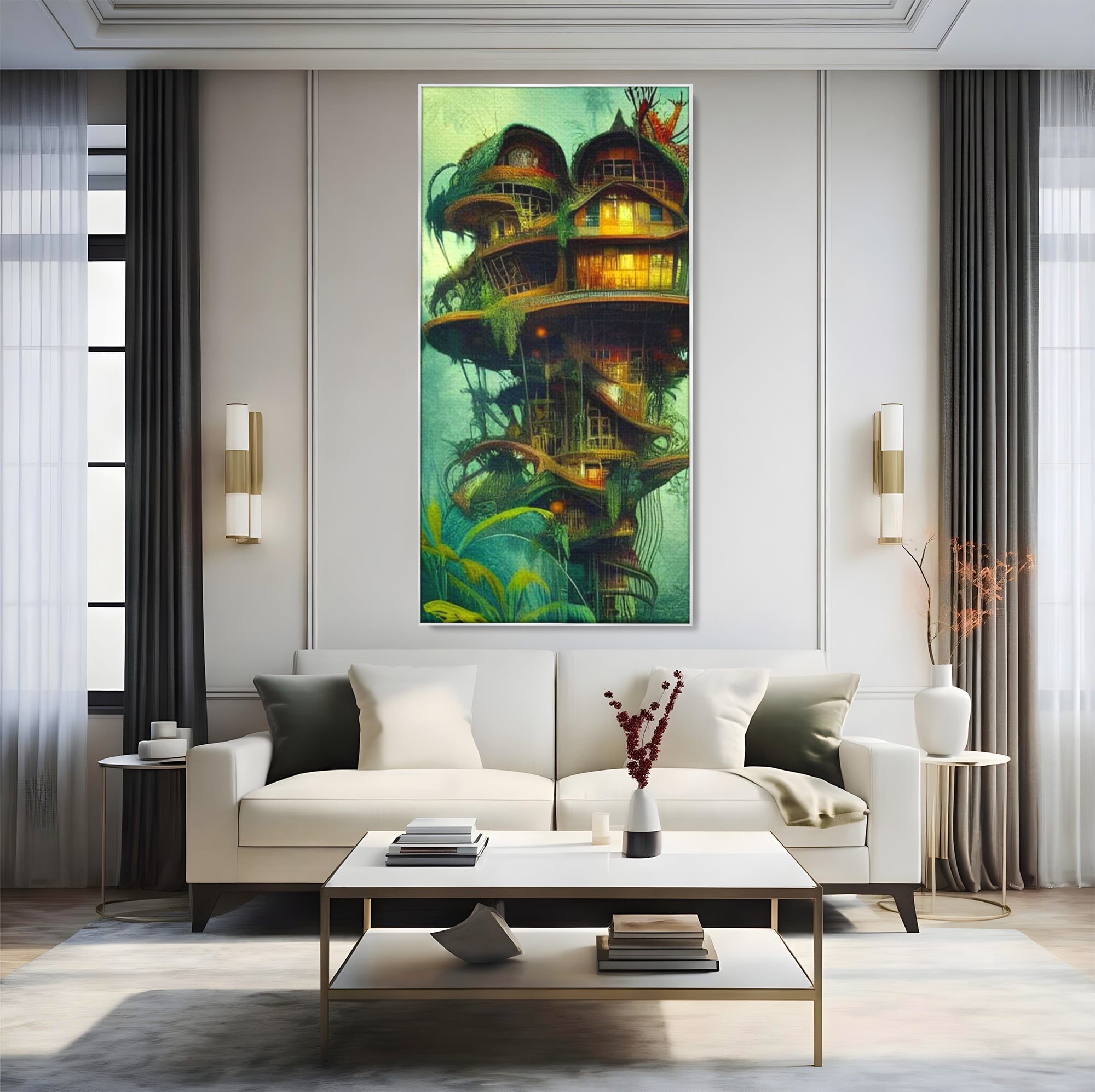 Tablou Canvas Premium, LuxCanva® K1015, Casuta din Copacul Vrajit, Turn, Padure, Fermecata, Aventura, Refugiu, Secrete, Spiridusi, Basm, Fantasma, Natura, Verde, Camera Copii