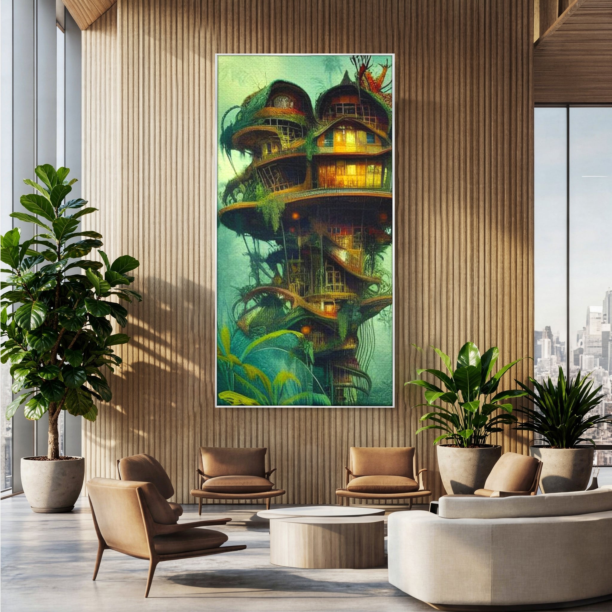 Tablou Canvas Premium, LuxCanva® K1015, Casuta din Copacul Vrajit, Turn, Padure, Fermecata, Aventura, Refugiu, Secrete, Spiridusi, Basm, Fantasma, Natura, Verde, Camera Copii