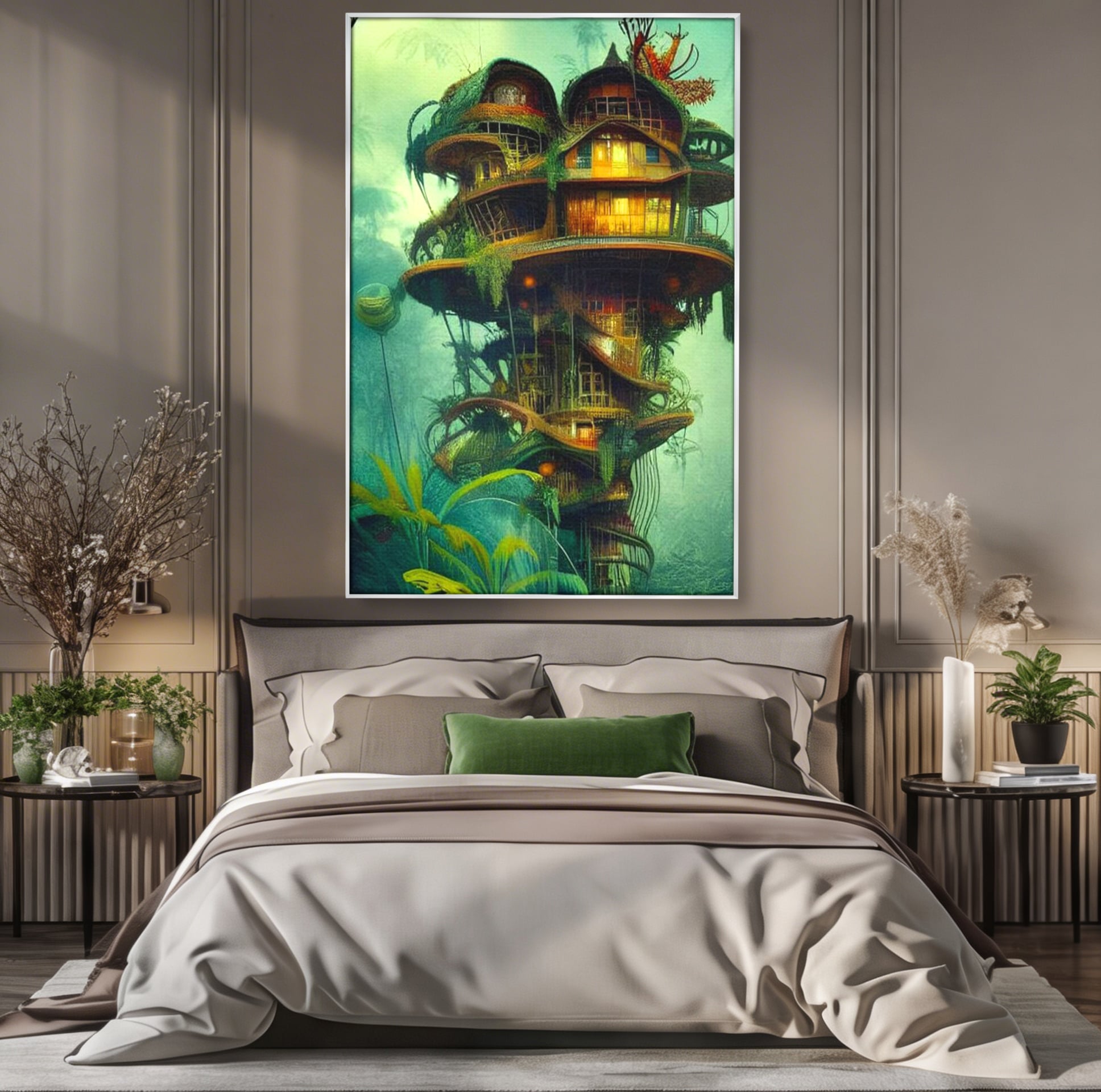 Tablou Canvas Premium, LuxCanva® K1015, Casuta din Copacul Vrajit, Turn, Padure, Fermecata, Aventura, Refugiu, Secrete, Spiridusi, Basm, Fantasma, Natura, Verde, Camera Copii