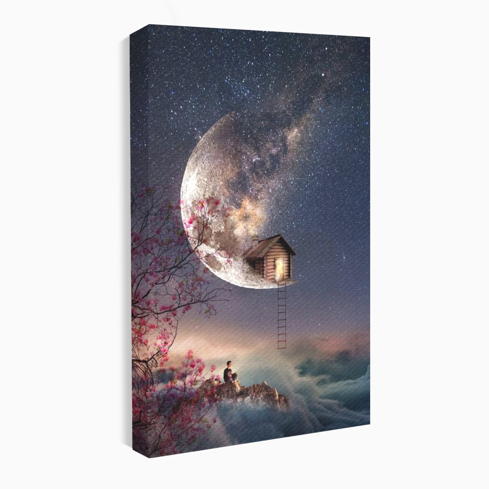 Tablou Canvas Premium, LuxCanva® K1016, Casa de pe Luna, Astru, Noapte, Instelata, Scari, Cer, Stele, Vise, Nocturn, Peisaj, Poveste, Cosmos, Magie, Taram, Senin, Camera Copii