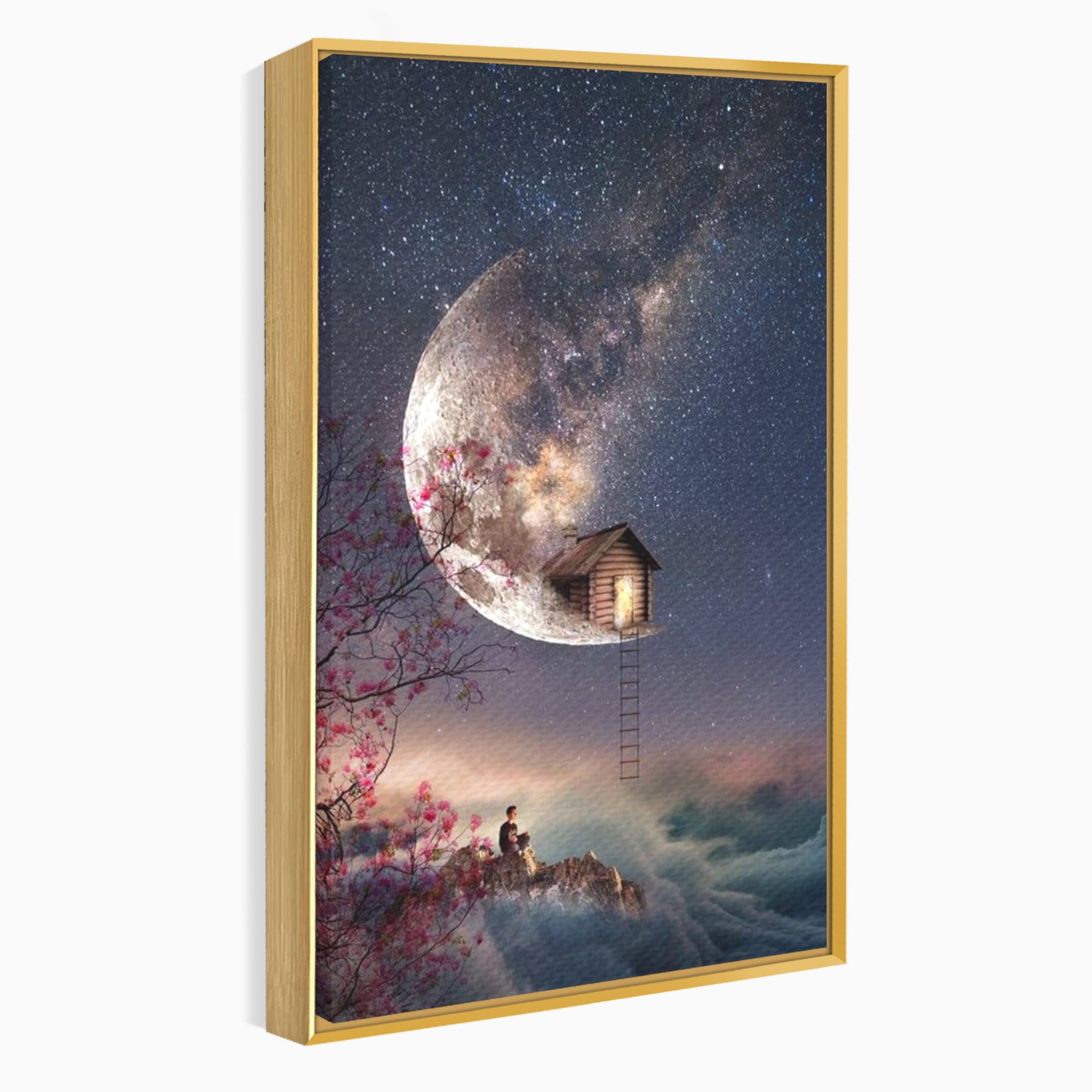 Tablou Canvas Premium, LuxCanva® K1016, Casa de pe Luna, Astru, Noapte, Instelata, Scari, Cer, Stele, Vise, Nocturn, Peisaj, Poveste, Cosmos, Magie, Taram, Senin, Camera Copii