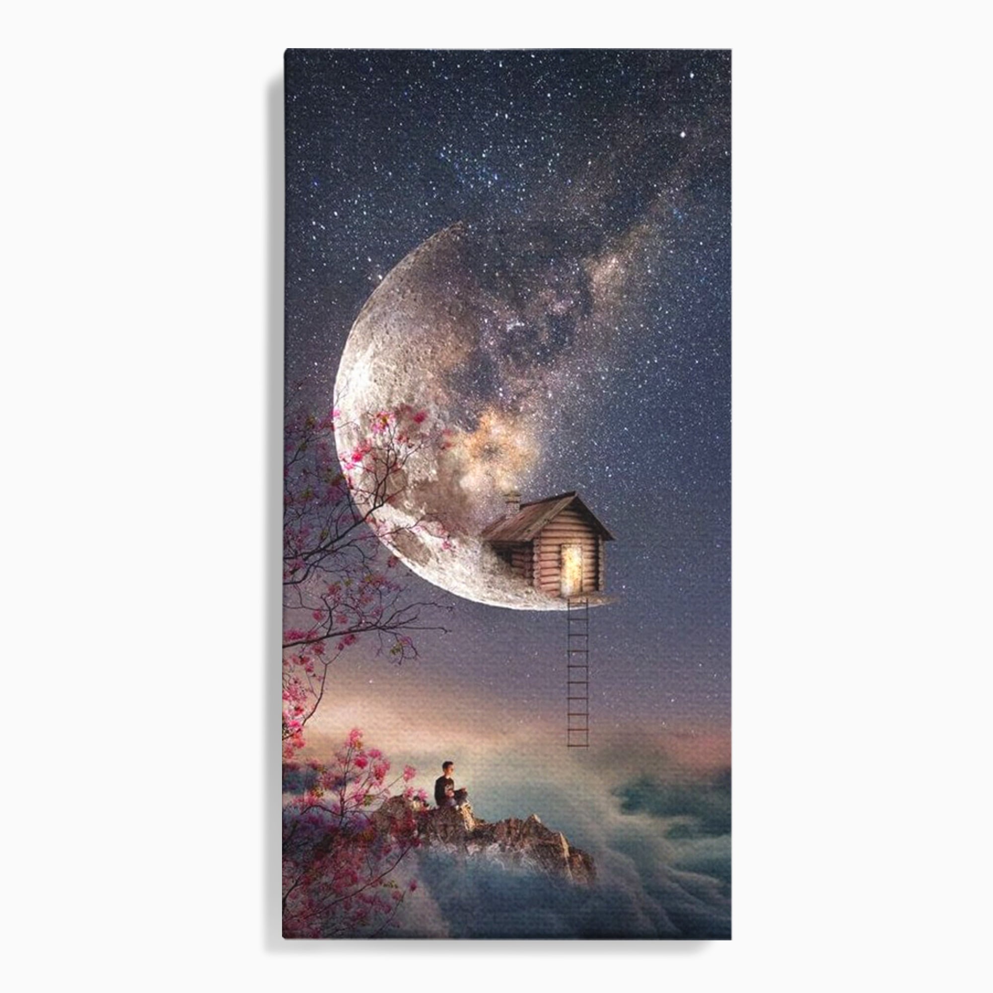Tablou Canvas Premium, LuxCanva® K1016, Casa de pe Luna, Astru, Noapte, Instelata, Scari, Cer, Stele, Vise, Nocturn, Peisaj, Poveste, Cosmos, Magie, Taram, Senin, Camera Copii