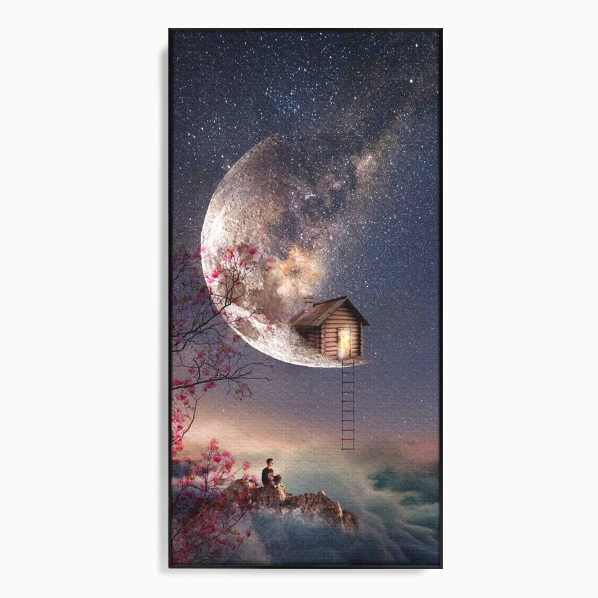 Tablou Canvas Premium, LuxCanva® K1016, Casa de pe Luna, Astru, Noapte, Instelata, Scari, Cer, Stele, Vise, Nocturn, Peisaj, Poveste, Cosmos, Magie, Taram, Senin, Camera Copii