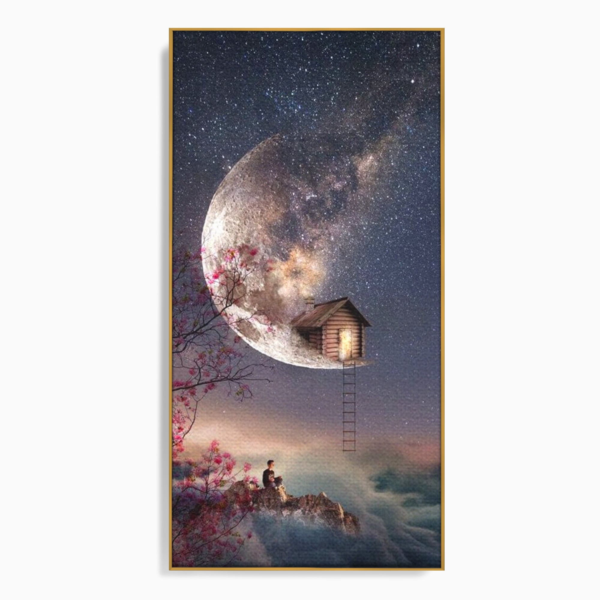 Tablou Canvas Premium, LuxCanva® K1016, Casa de pe Luna, Astru, Noapte, Instelata, Scari, Cer, Stele, Vise, Nocturn, Peisaj, Poveste, Cosmos, Magie, Taram, Senin, Camera Copii