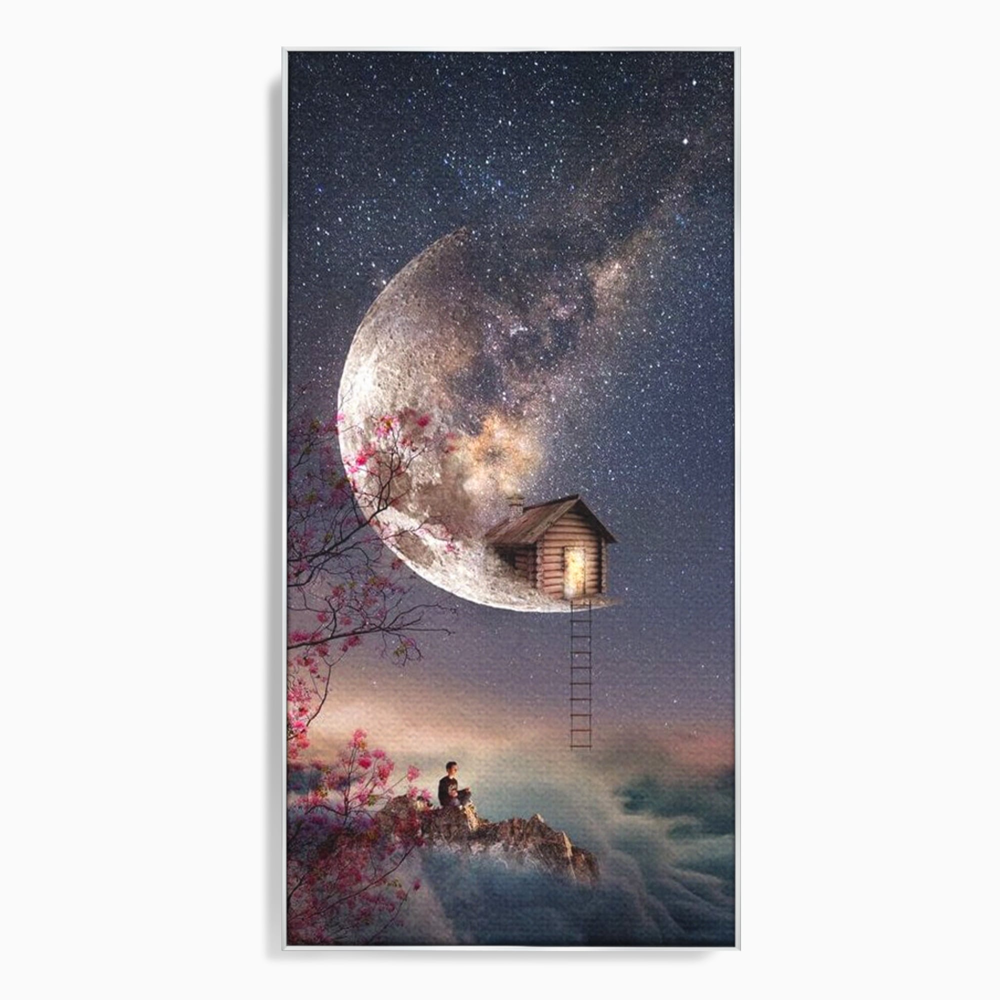 Tablou Canvas Premium, LuxCanva® K1016, Casa de pe Luna, Astru, Noapte, Instelata, Scari, Cer, Stele, Vise, Nocturn, Peisaj, Poveste, Cosmos, Magie, Taram, Senin, Camera Copii