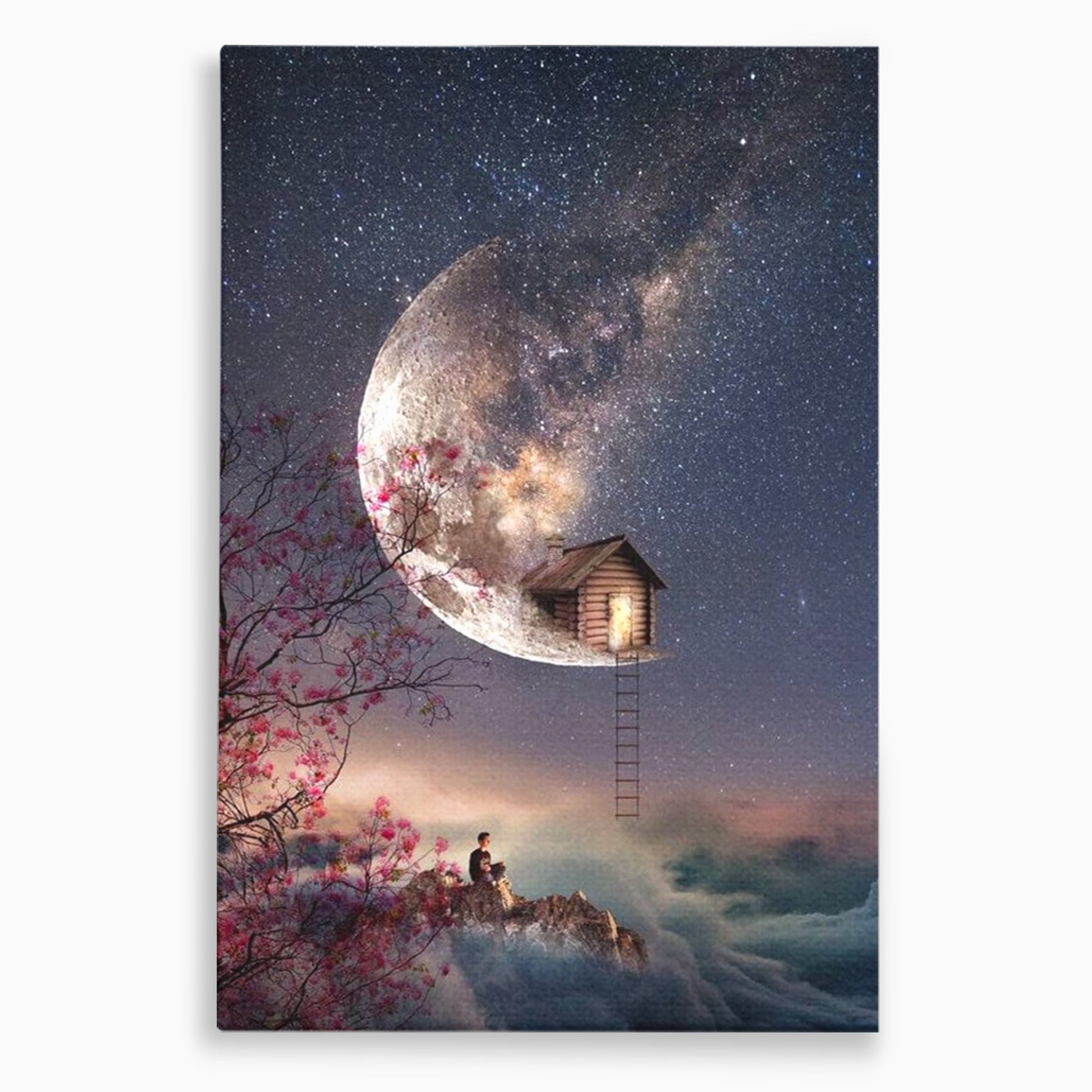 Tablou Canvas Premium, LuxCanva® K1016, Casa de pe Luna, Astru, Noapte, Instelata, Scari, Cer, Stele, Vise, Nocturn, Peisaj, Poveste, Cosmos, Magie, Taram, Senin, Camera Copii