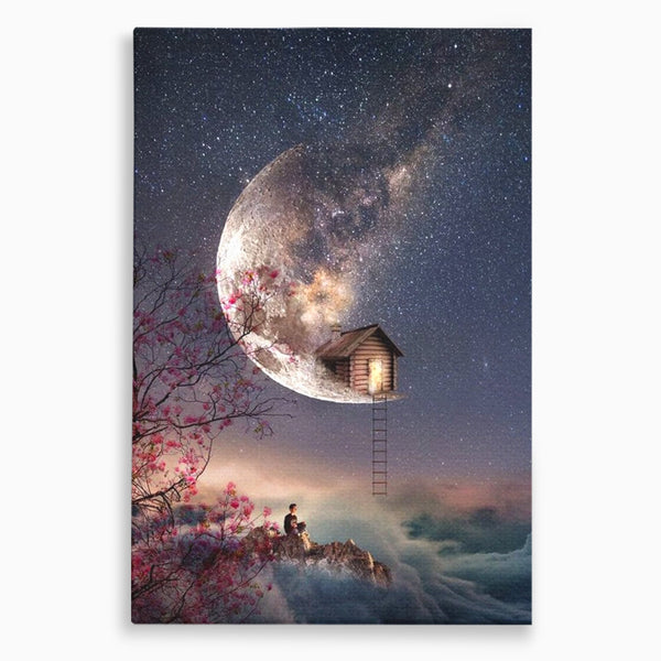 Tablou Canvas Premium, LuxCanva® K1016, Casa de pe Luna, Astru, Noapte, Instelata, Scari, Cer, Stele, Vise, Nocturn, Peisaj, Poveste, Cosmos, Magie, Taram, Senin, Camera Copii