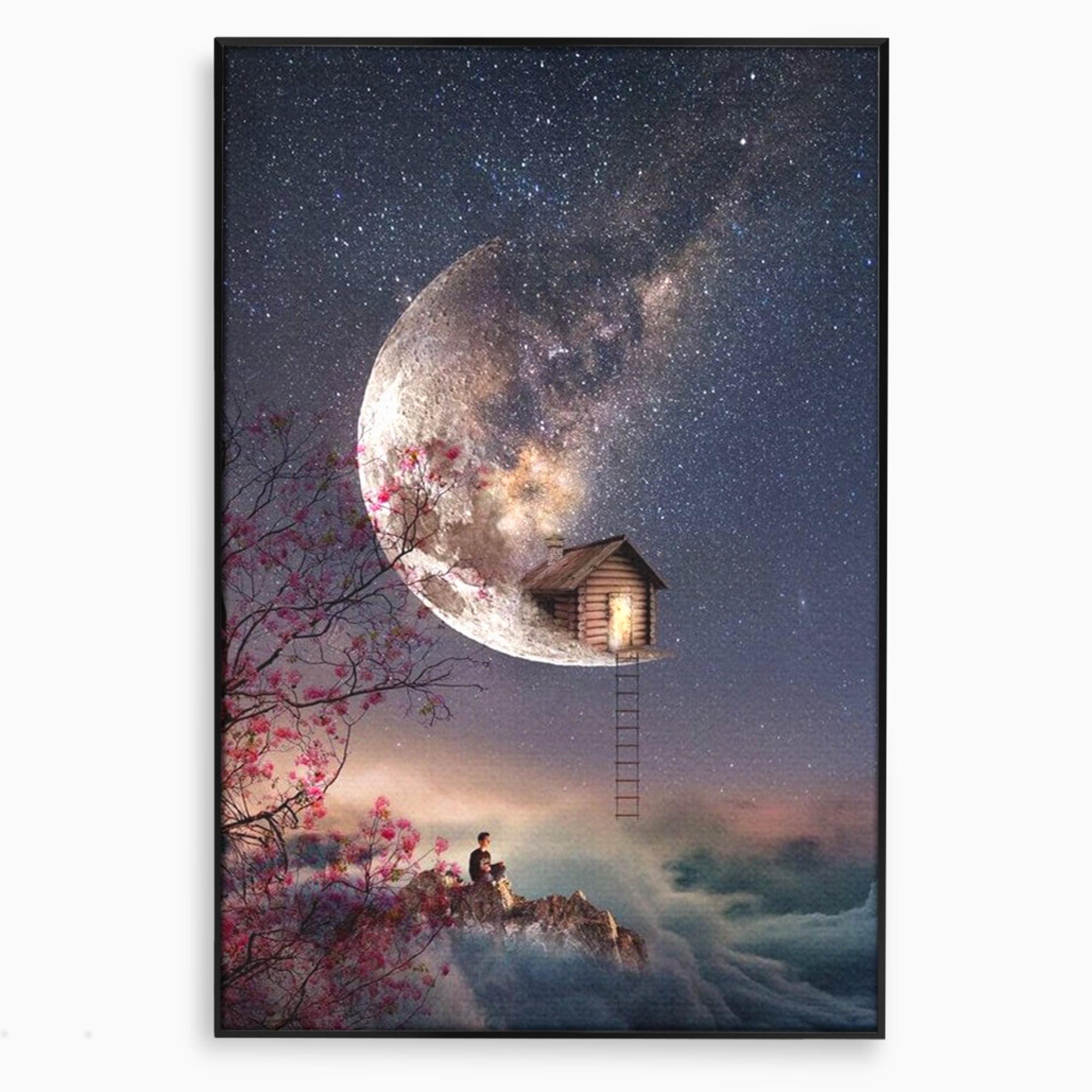 Tablou Canvas Premium, LuxCanva® K1016, Casa de pe Luna, Astru, Noapte, Instelata, Scari, Cer, Stele, Vise, Nocturn, Peisaj, Poveste, Cosmos, Magie, Taram, Senin, Camera Copii
