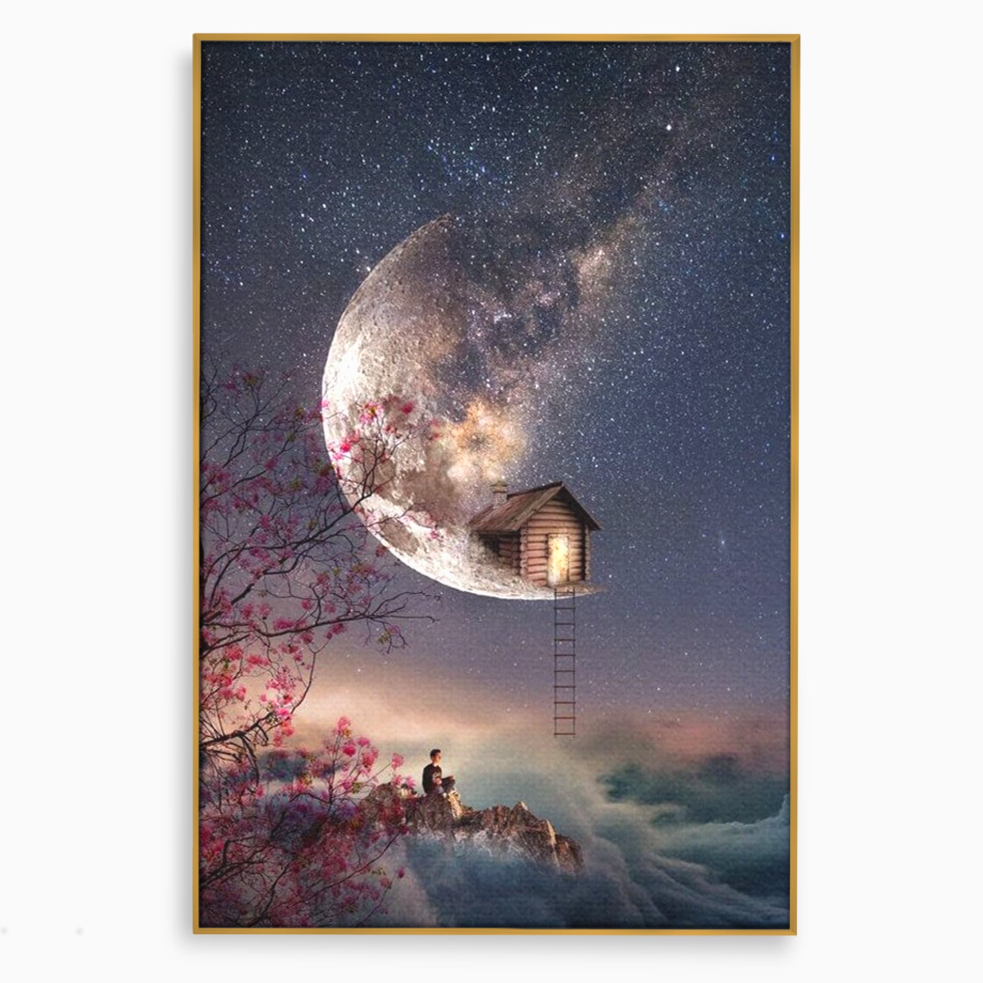 Tablou Canvas Premium, LuxCanva® K1016, Casa de pe Luna, Astru, Noapte, Instelata, Scari, Cer, Stele, Vise, Nocturn, Peisaj, Poveste, Cosmos, Magie, Taram, Senin, Camera Copii