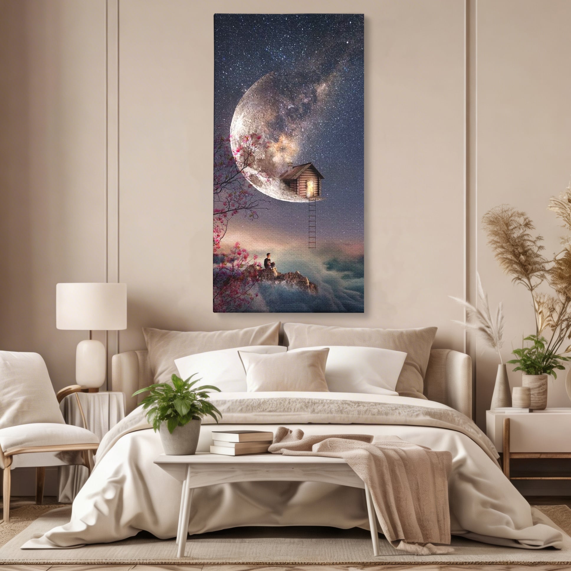 Tablou Canvas Premium, LuxCanva® K1016, Casa de pe Luna, Astru, Noapte, Instelata, Scari, Cer, Stele, Vise, Nocturn, Peisaj, Poveste, Cosmos, Magie, Taram, Senin, Camera Copii