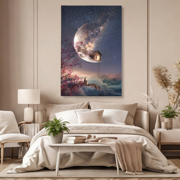 Tablou Canvas Premium, LuxCanva® K1016, Casa de pe Luna, Astru, Noapte, Instelata, Scari, Cer, Stele, Vise, Nocturn, Peisaj, Poveste, Cosmos, Magie, Taram, Senin, Camera Copii