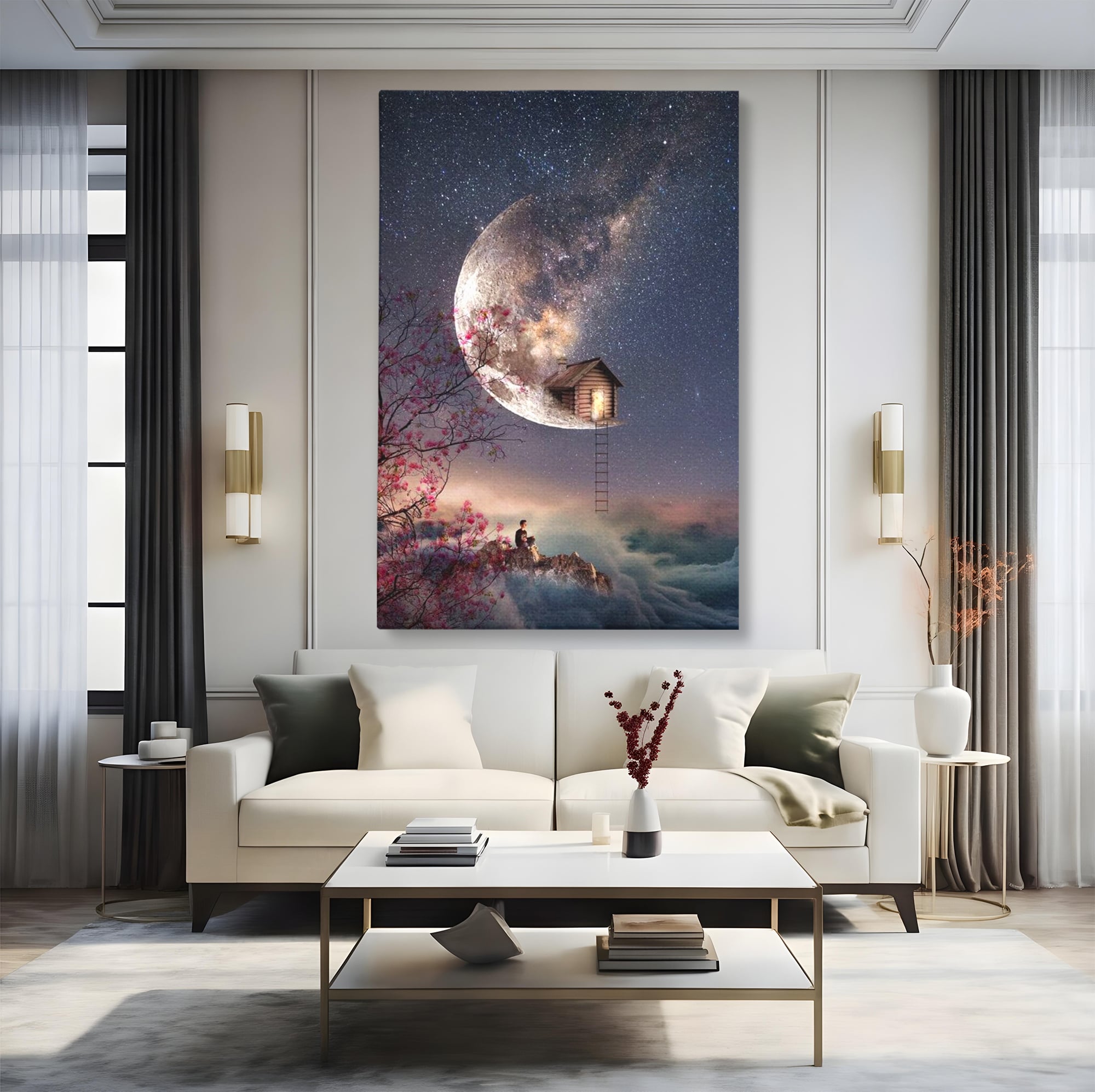 Tablou Canvas Premium, LuxCanva® K1016, Casa de pe Luna, Astru, Noapte, Instelata, Scari, Cer, Stele, Vise, Nocturn, Peisaj, Poveste, Cosmos, Magie, Taram, Senin, Camera Copii