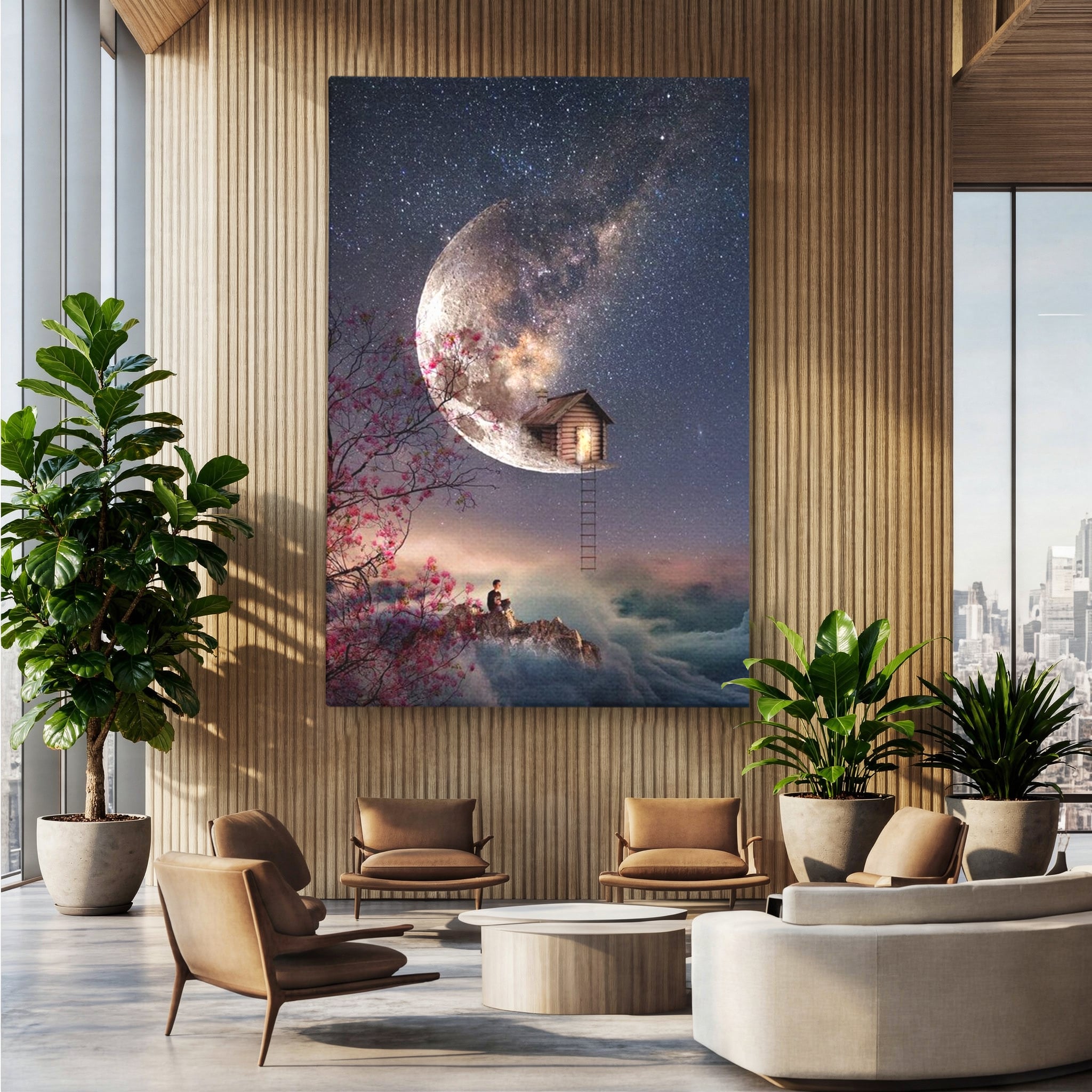 Tablou Canvas Premium, LuxCanva® K1016, Casa de pe Luna, Astru, Noapte, Instelata, Scari, Cer, Stele, Vise, Nocturn, Peisaj, Poveste, Cosmos, Magie, Taram, Senin, Camera Copii