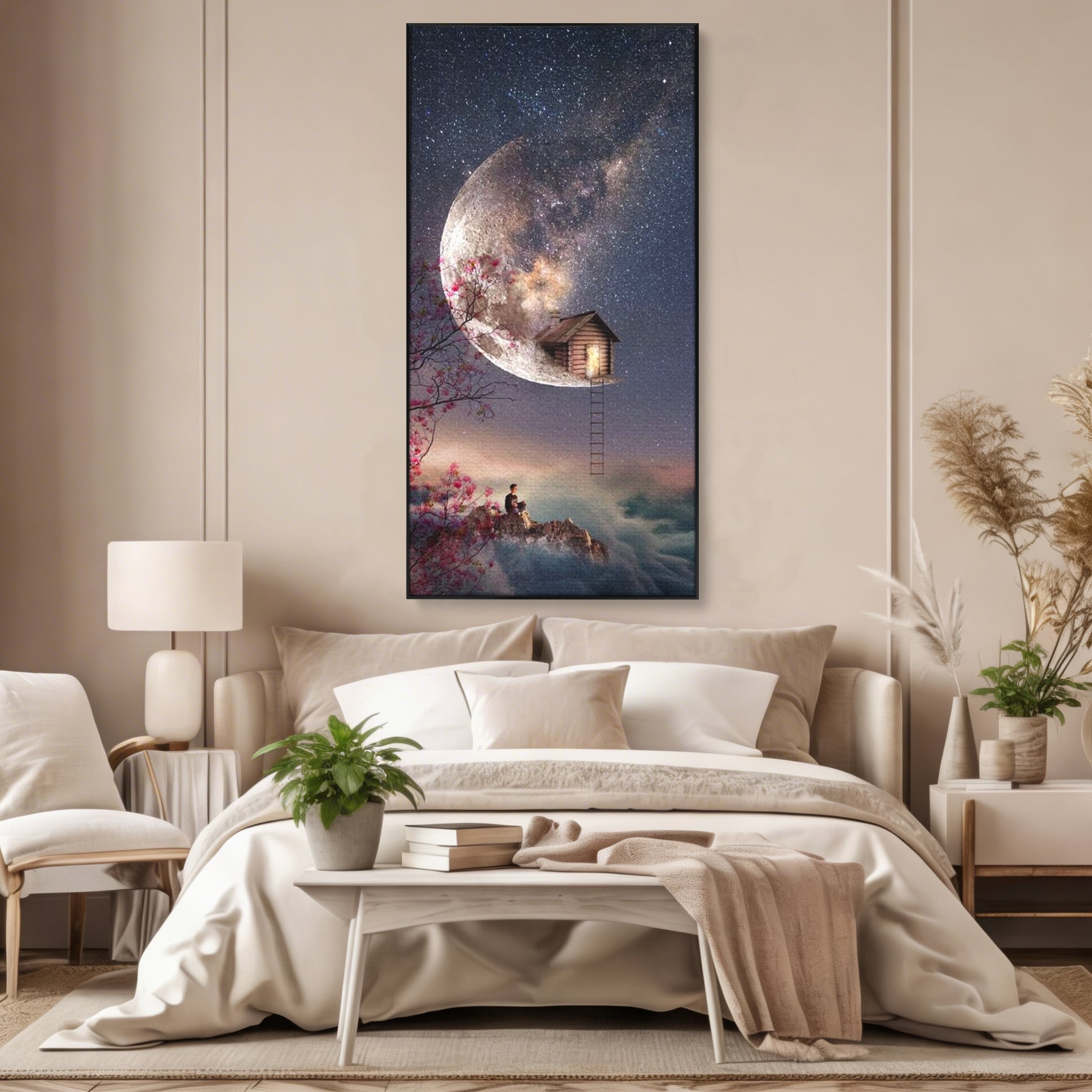 Tablou Canvas Premium, LuxCanva® K1016, Casa de pe Luna, Astru, Noapte, Instelata, Scari, Cer, Stele, Vise, Nocturn, Peisaj, Poveste, Cosmos, Magie, Taram, Senin, Camera Copii