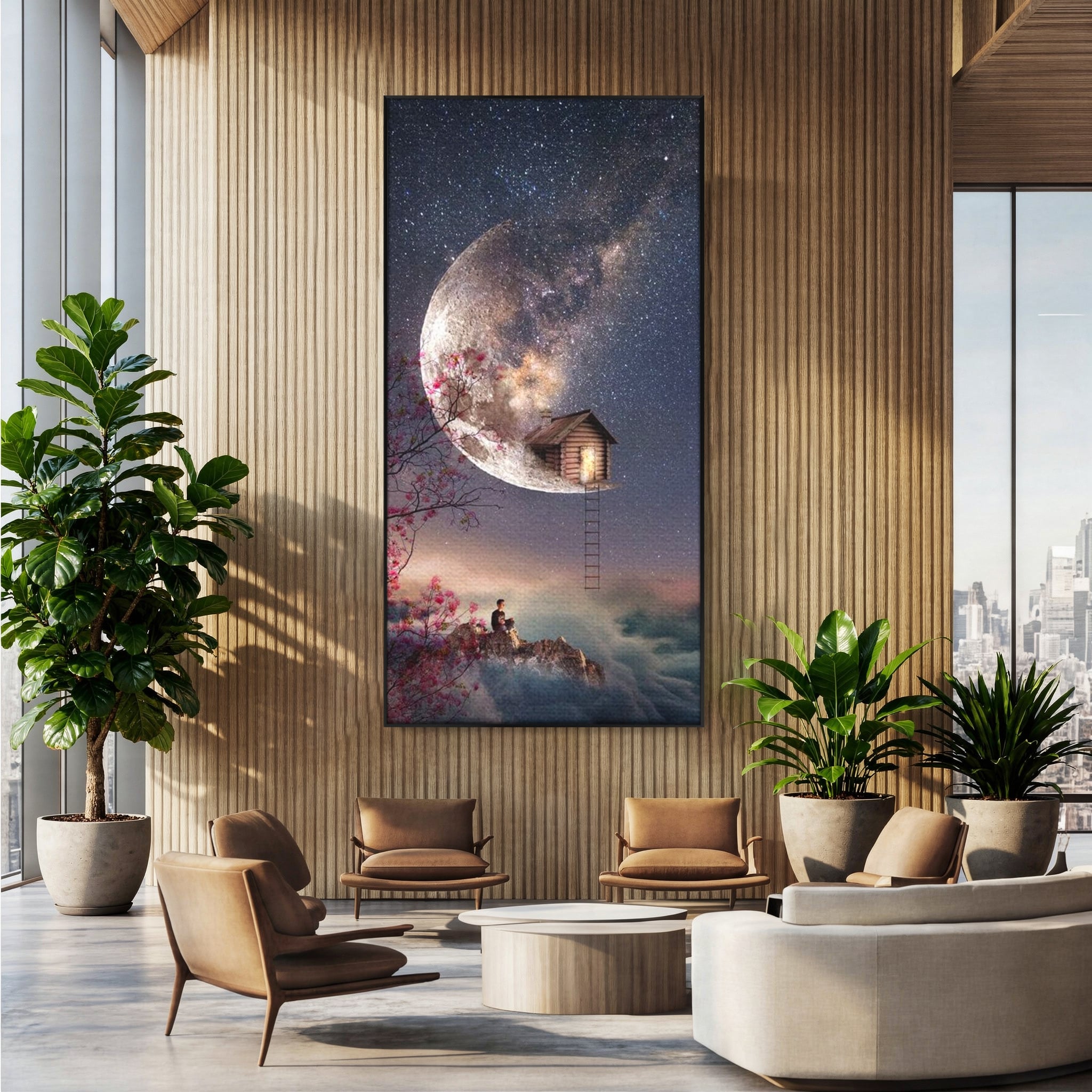 Tablou Canvas Premium, LuxCanva® K1016, Casa de pe Luna, Astru, Noapte, Instelata, Scari, Cer, Stele, Vise, Nocturn, Peisaj, Poveste, Cosmos, Magie, Taram, Senin, Camera Copii