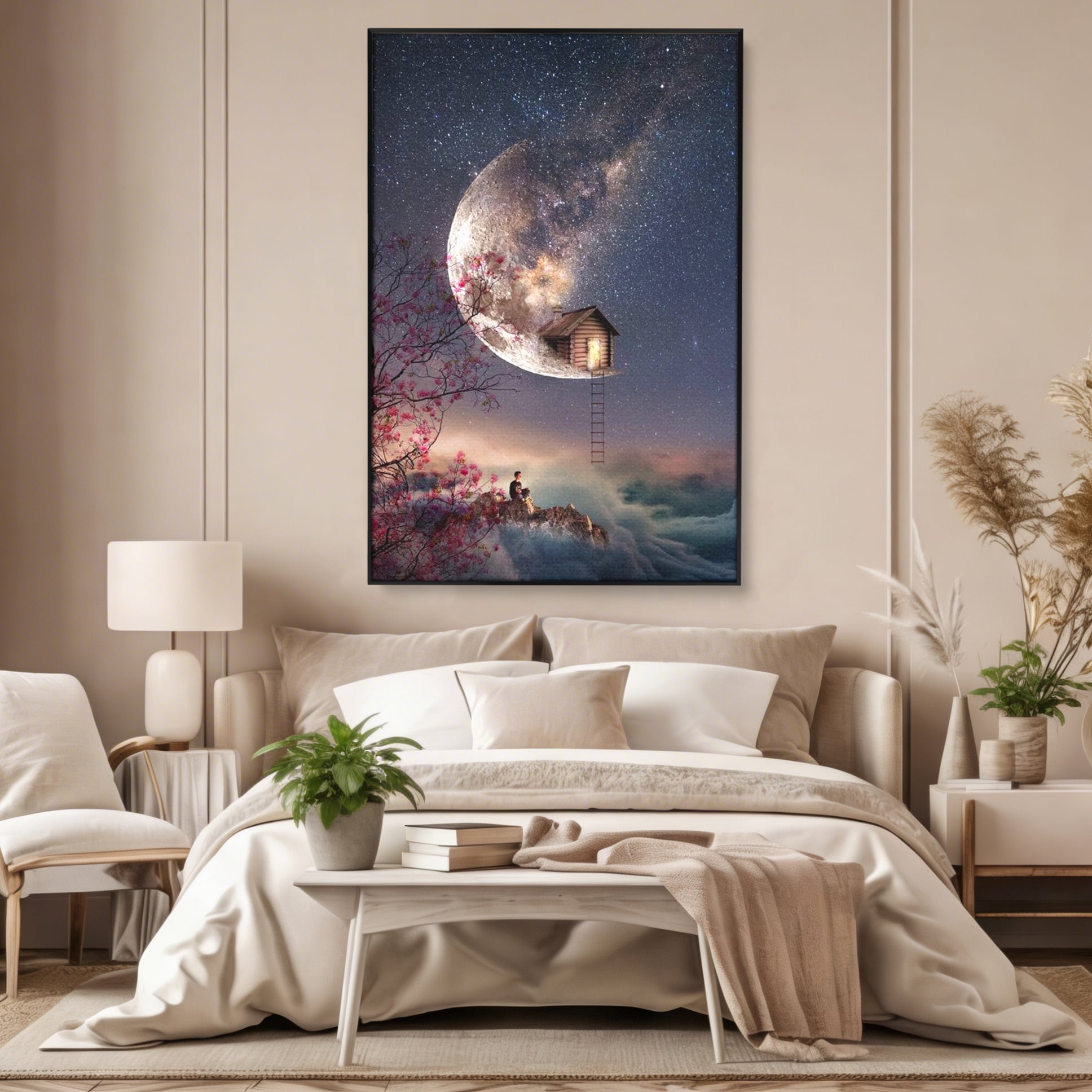 Tablou Canvas Premium, LuxCanva® K1016, Casa de pe Luna, Astru, Noapte, Instelata, Scari, Cer, Stele, Vise, Nocturn, Peisaj, Poveste, Cosmos, Magie, Taram, Senin, Camera Copii