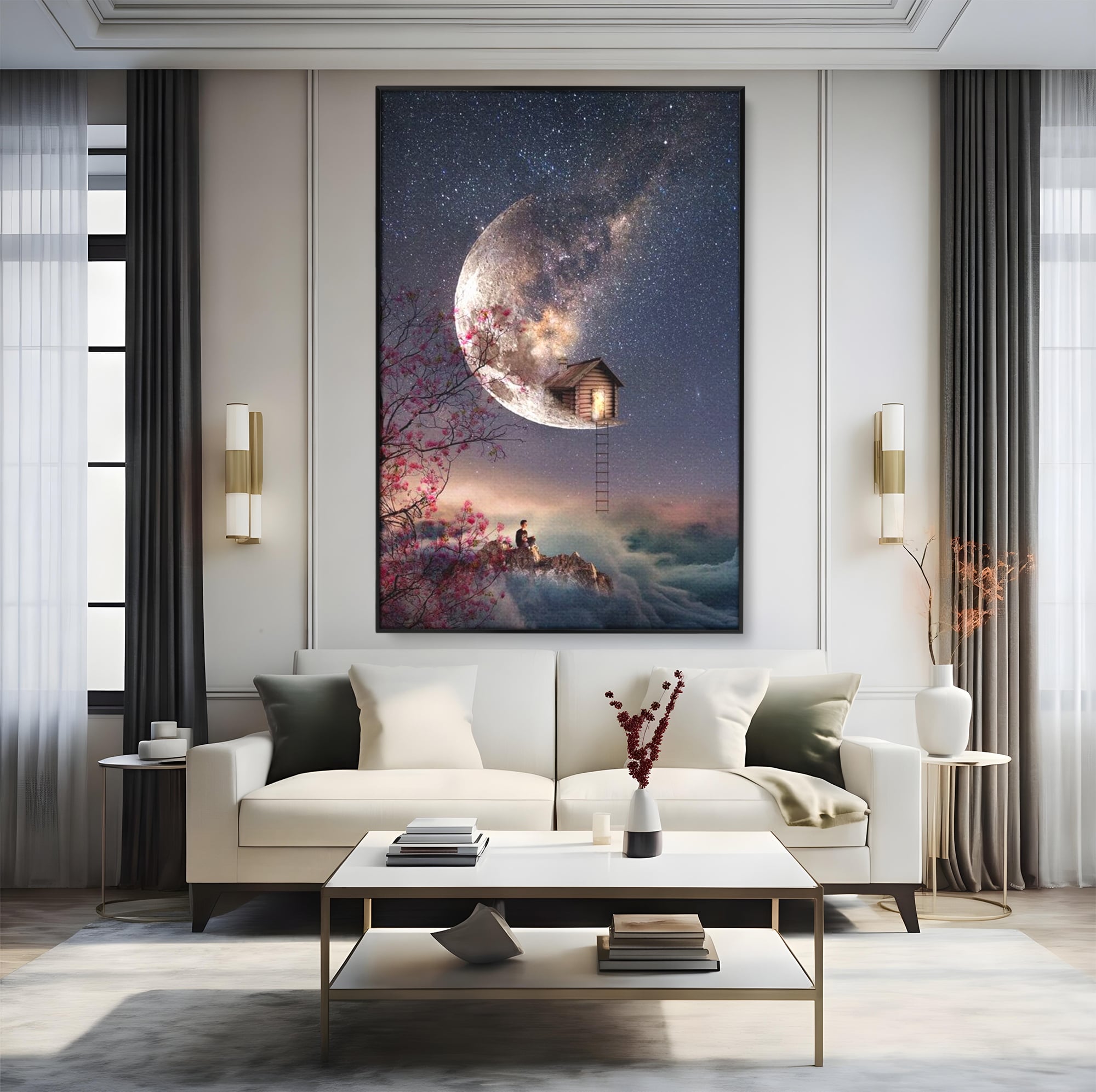 Tablou Canvas Premium, LuxCanva® K1016, Casa de pe Luna, Astru, Noapte, Instelata, Scari, Cer, Stele, Vise, Nocturn, Peisaj, Poveste, Cosmos, Magie, Taram, Senin, Camera Copii