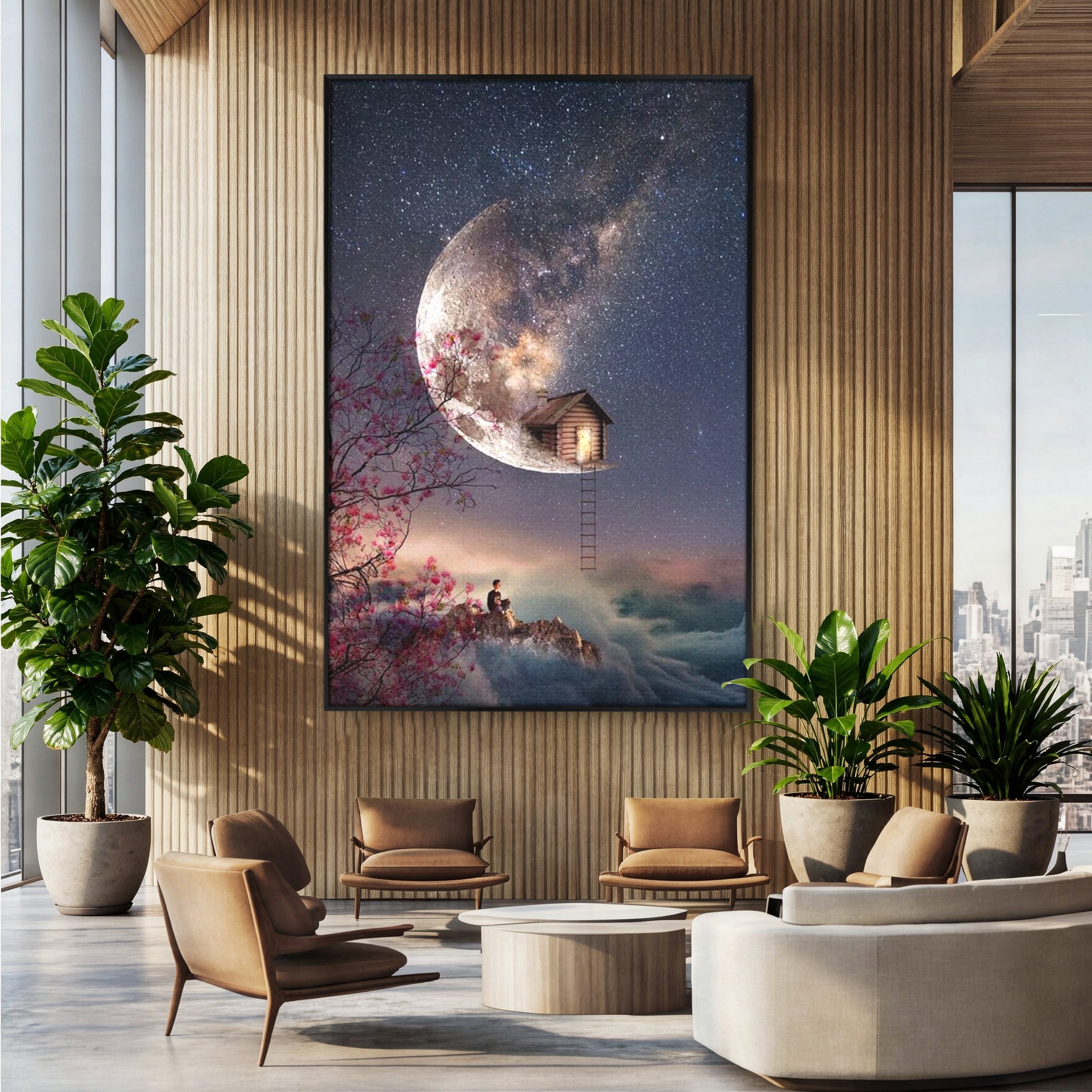 Tablou Canvas Premium, LuxCanva® K1016, Casa de pe Luna, Astru, Noapte, Instelata, Scari, Cer, Stele, Vise, Nocturn, Peisaj, Poveste, Cosmos, Magie, Taram, Senin, Camera Copii