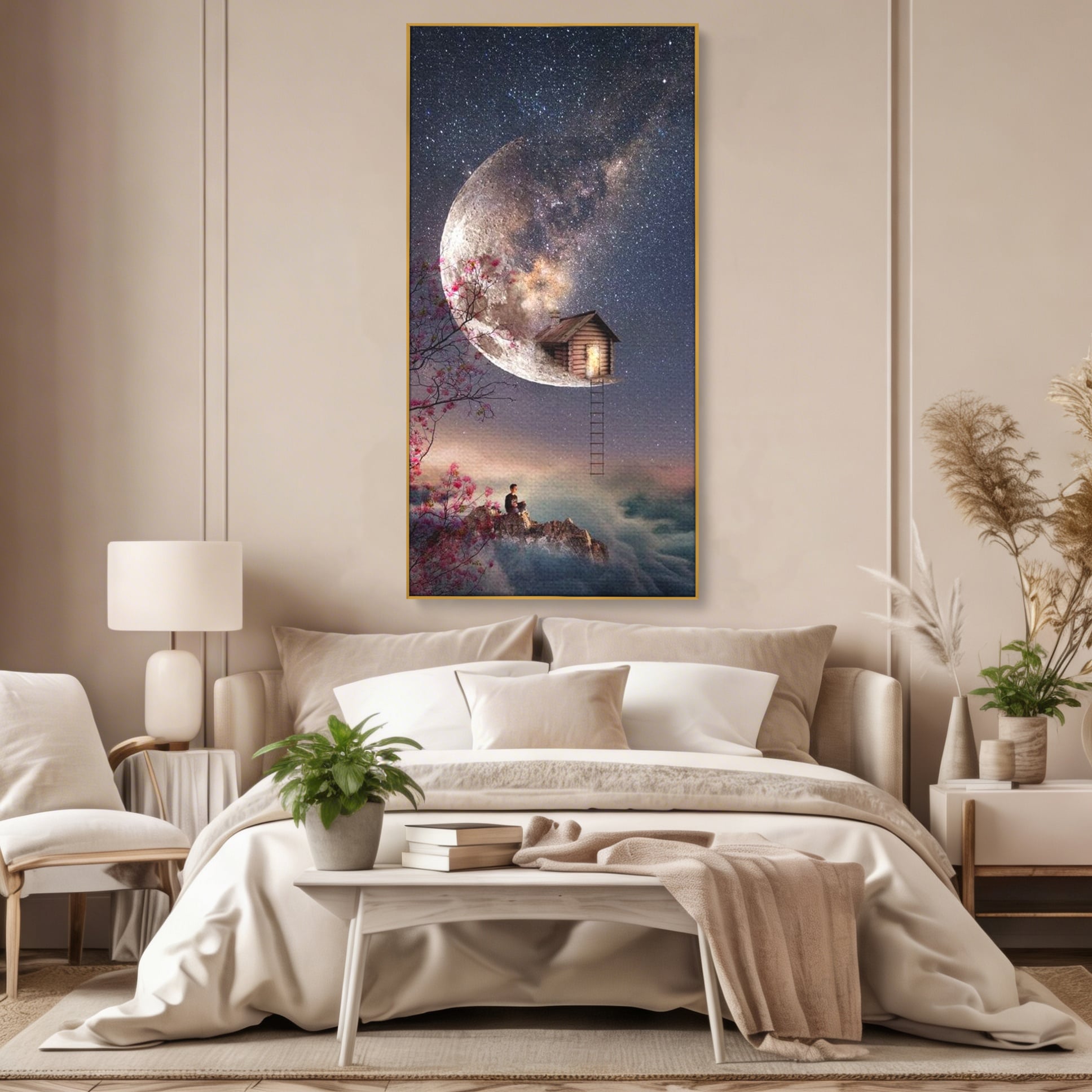 Tablou Canvas Premium, LuxCanva® K1016, Casa de pe Luna, Astru, Noapte, Instelata, Scari, Cer, Stele, Vise, Nocturn, Peisaj, Poveste, Cosmos, Magie, Taram, Senin, Camera Copii