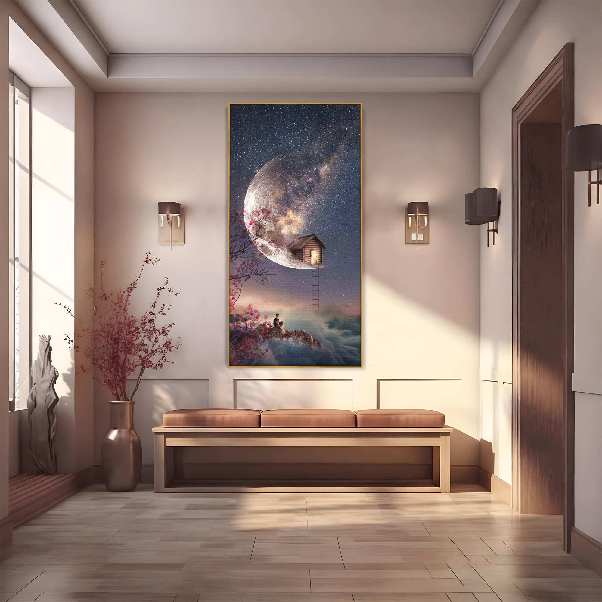 Tablou Canvas Premium, LuxCanva® K1016, Casa de pe Luna, Astru, Noapte, Instelata, Scari, Cer, Stele, Vise, Nocturn, Peisaj, Poveste, Cosmos, Magie, Taram, Senin, Camera Copii