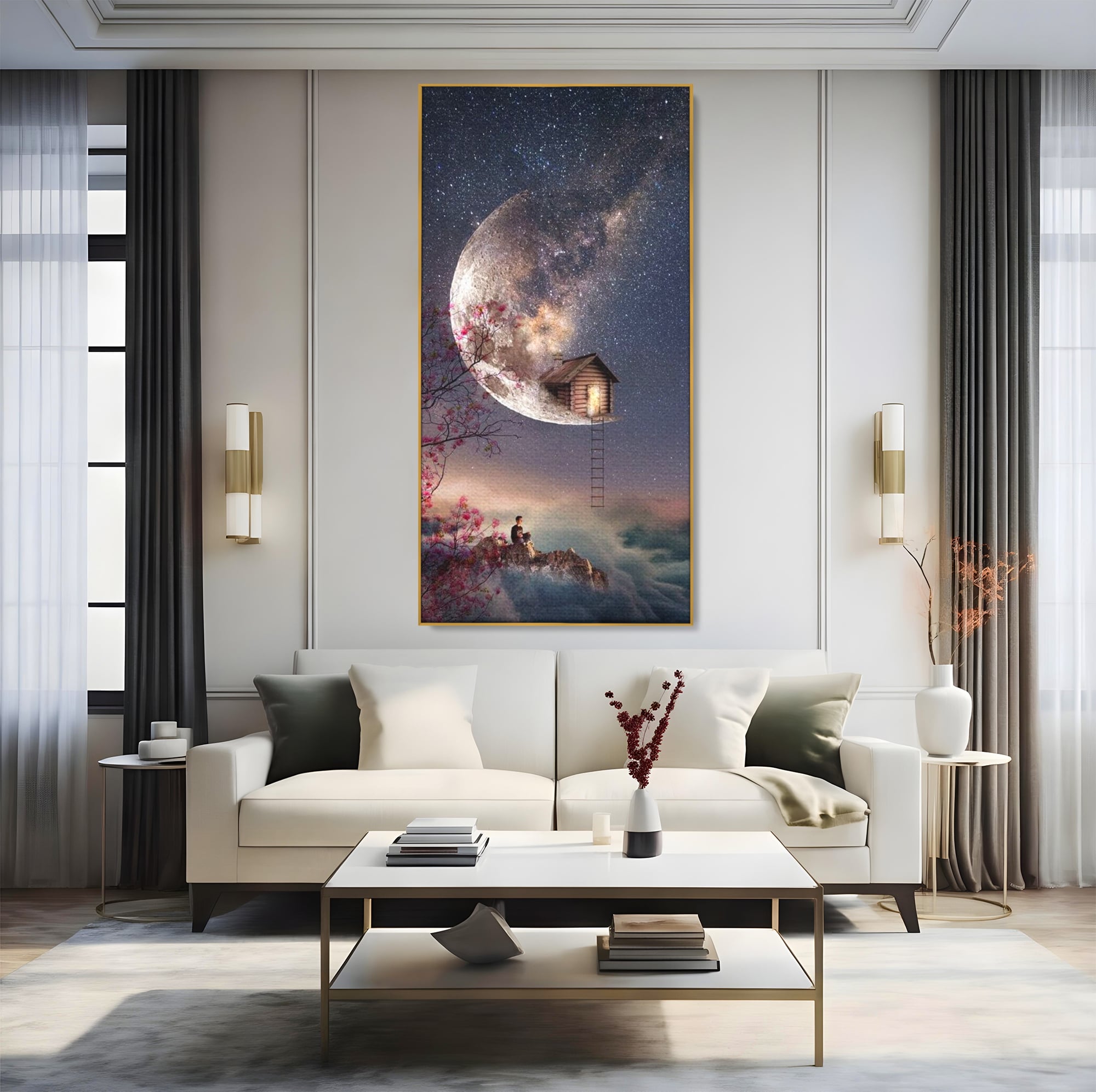 Tablou Canvas Premium, LuxCanva® K1016, Casa de pe Luna, Astru, Noapte, Instelata, Scari, Cer, Stele, Vise, Nocturn, Peisaj, Poveste, Cosmos, Magie, Taram, Senin, Camera Copii