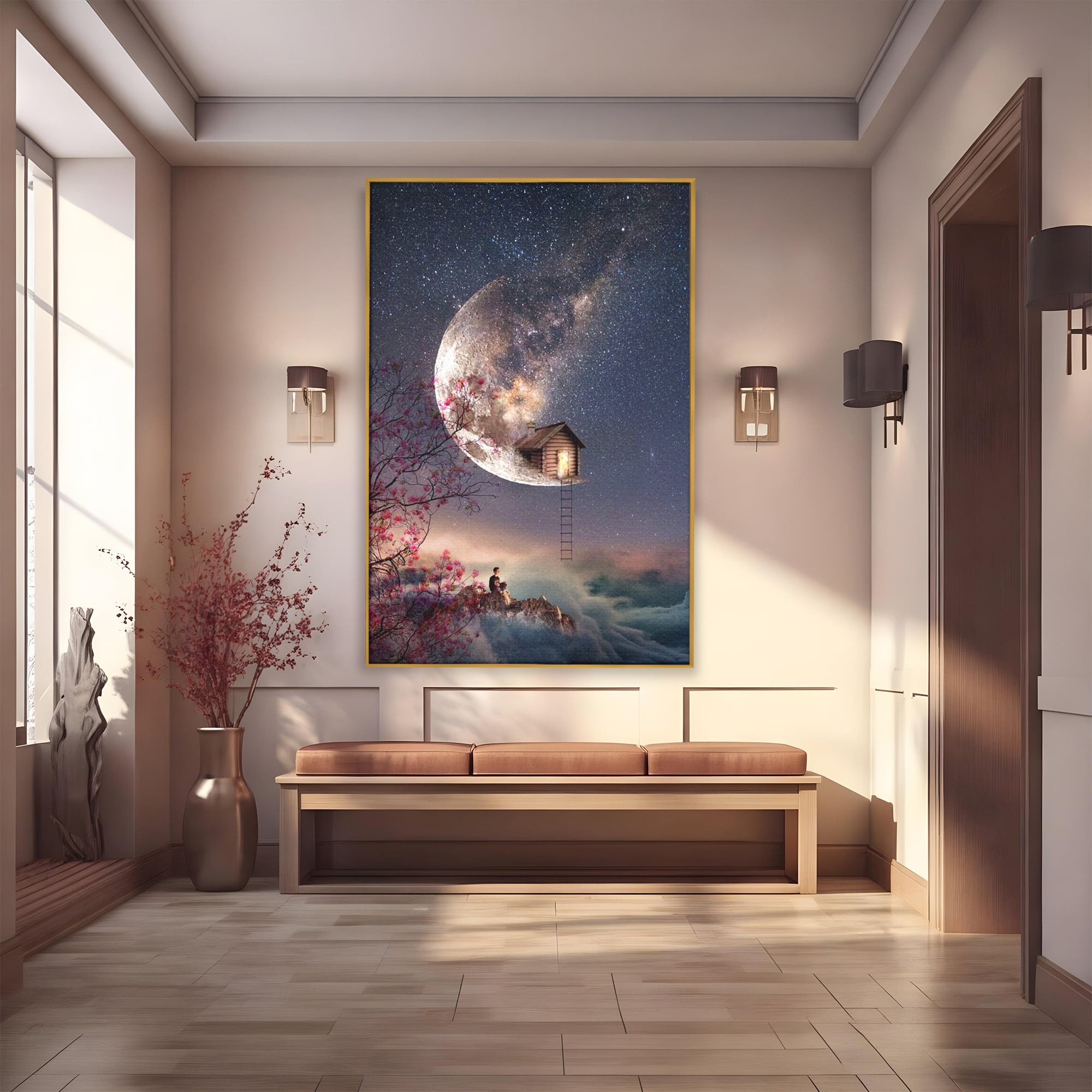 Tablou Canvas Premium, LuxCanva® K1016, Casa de pe Luna, Astru, Noapte, Instelata, Scari, Cer, Stele, Vise, Nocturn, Peisaj, Poveste, Cosmos, Magie, Taram, Senin, Camera Copii