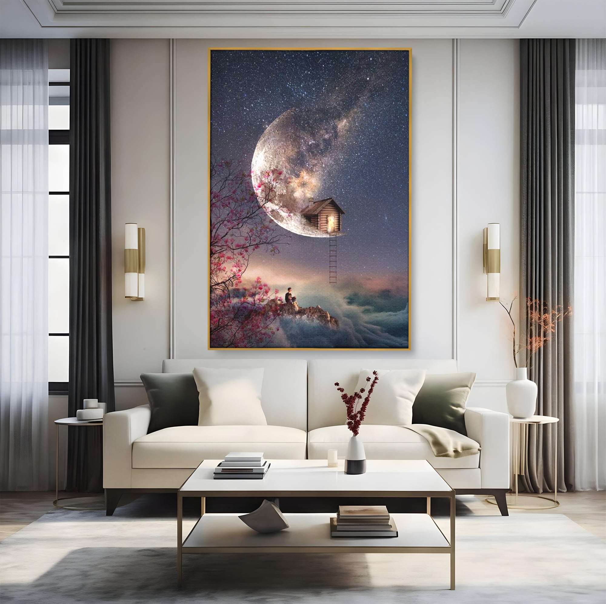 Tablou Canvas Premium, LuxCanva® K1016, Casa de pe Luna, Astru, Noapte, Instelata, Scari, Cer, Stele, Vise, Nocturn, Peisaj, Poveste, Cosmos, Magie, Taram, Senin, Camera Copii