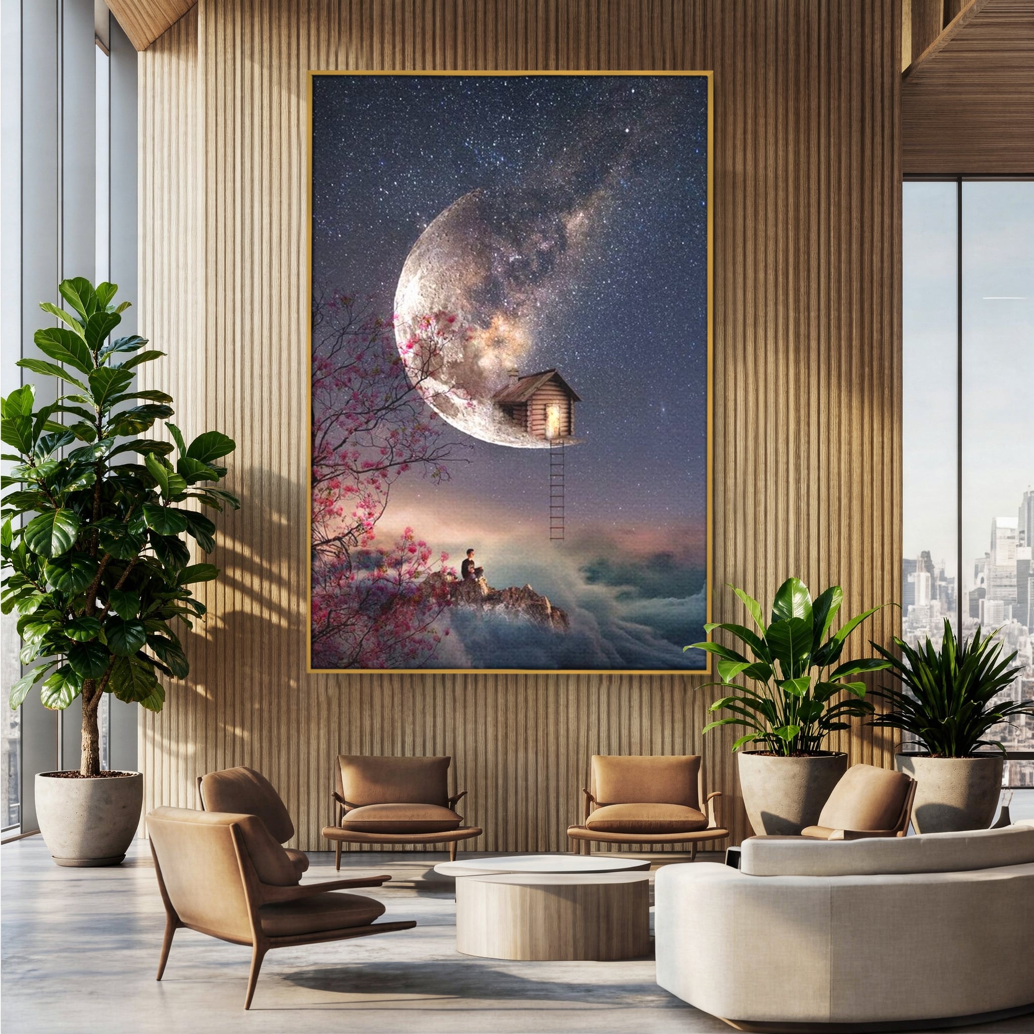 Tablou Canvas Premium, LuxCanva® K1016, Casa de pe Luna, Astru, Noapte, Instelata, Scari, Cer, Stele, Vise, Nocturn, Peisaj, Poveste, Cosmos, Magie, Taram, Senin, Camera Copii