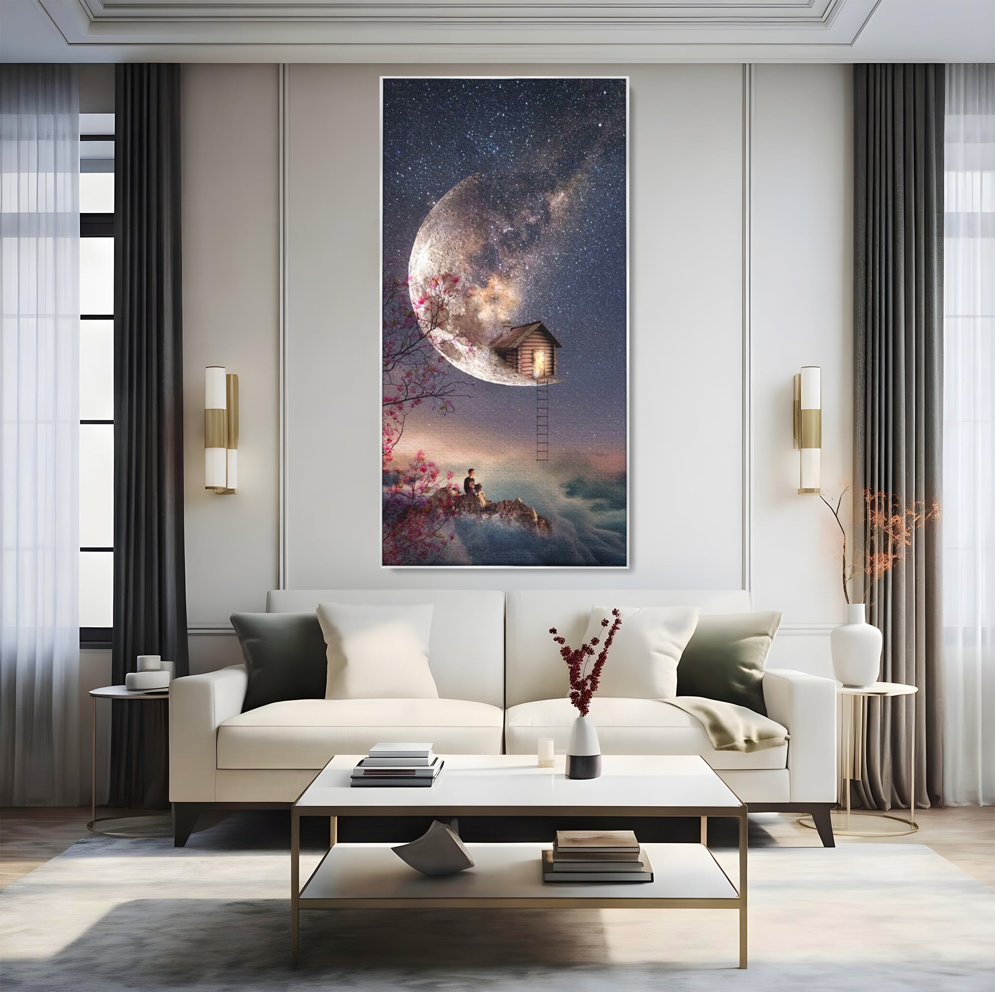 Tablou Canvas Premium, LuxCanva® K1016, Casa de pe Luna, Astru, Noapte, Instelata, Scari, Cer, Stele, Vise, Nocturn, Peisaj, Poveste, Cosmos, Magie, Taram, Senin, Camera Copii