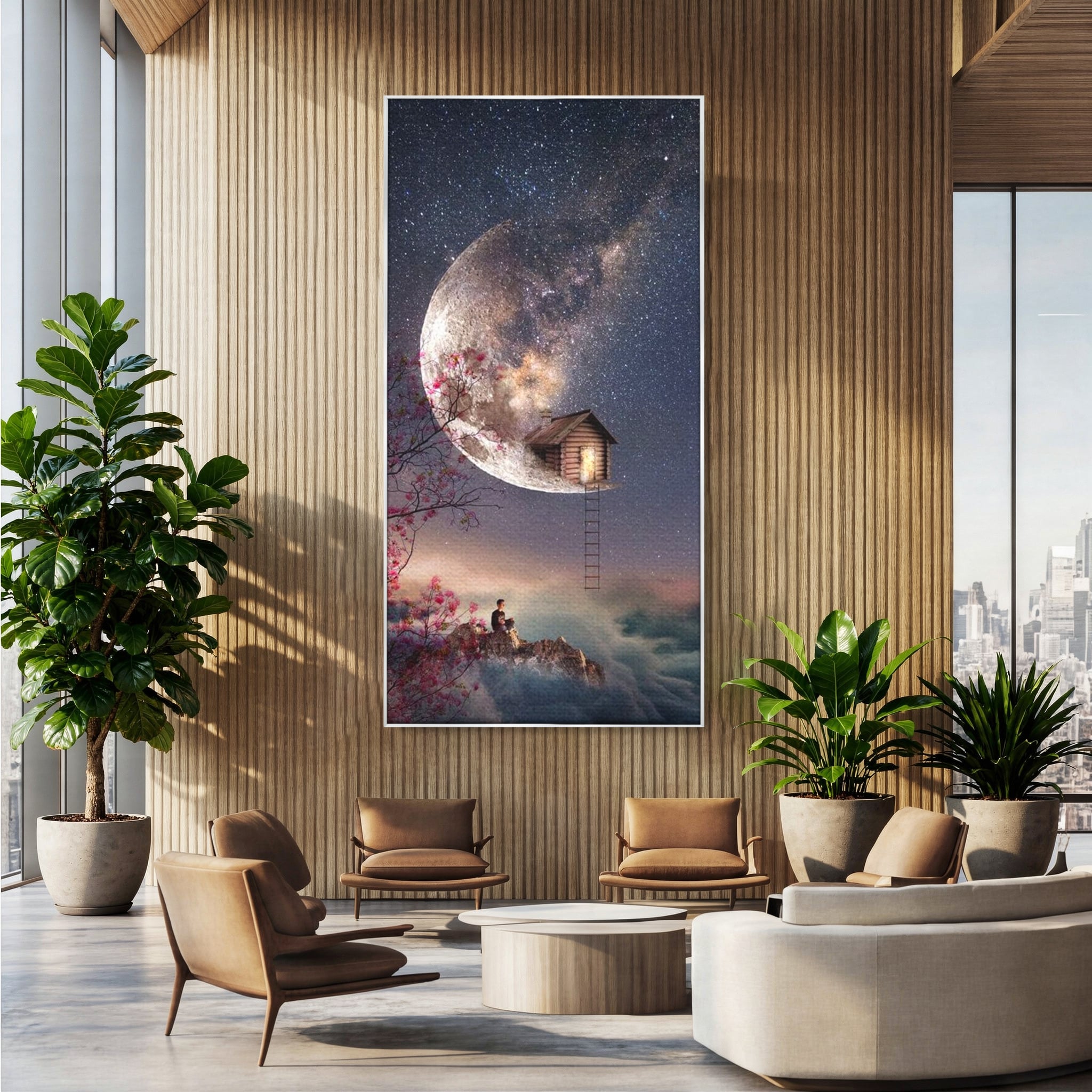 Tablou Canvas Premium, LuxCanva® K1016, Casa de pe Luna, Astru, Noapte, Instelata, Scari, Cer, Stele, Vise, Nocturn, Peisaj, Poveste, Cosmos, Magie, Taram, Senin, Camera Copii