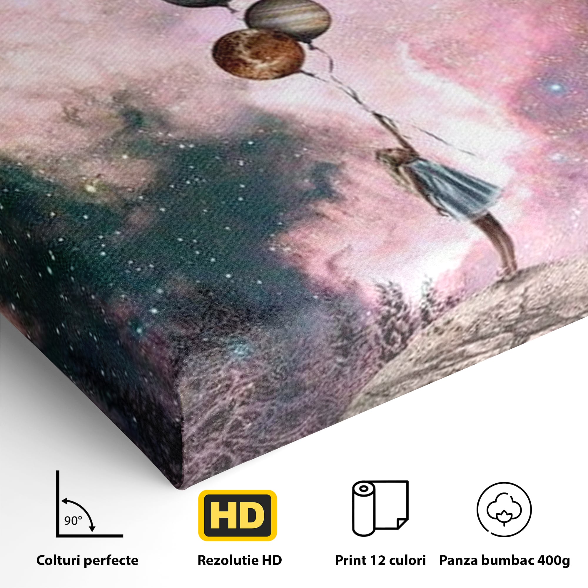 Tablou Canvas Premium, LuxCanva® K1017, Fetita si Planetele,  Univers, Maini, Intinse, Planete, Cosmic, Stele, Ganduri, Dorinte, Emotie, Curaj, Sistem, Solar, Galaxii, Pastel, Camera Copii