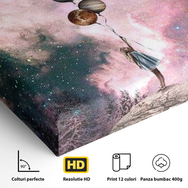 Tablou Canvas Premium, LuxCanva® K1017, Fetita si Planetele,  Univers, Maini, Intinse, Planete, Cosmic, Stele, Ganduri, Dorinte, Emotie, Curaj, Sistem, Solar, Galaxii, Pastel, Camera Copii