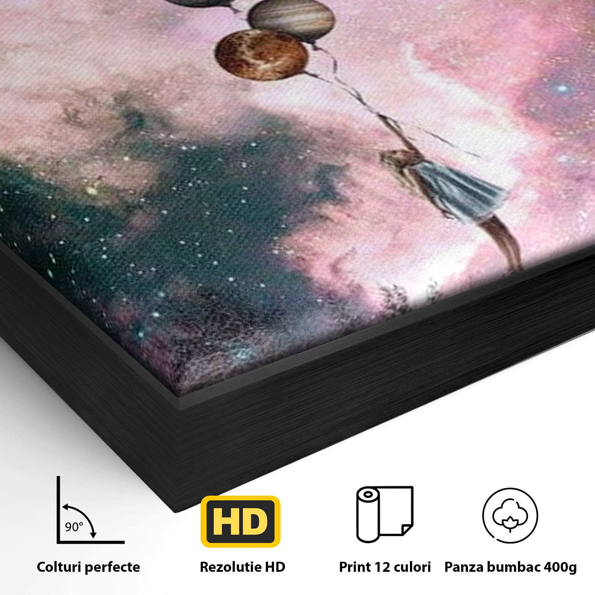 Tablou Canvas Premium, LuxCanva® K1017, Fetita si Planetele,  Univers, Maini, Intinse, Planete, Cosmic, Stele, Ganduri, Dorinte, Emotie, Curaj, Sistem, Solar, Galaxii, Pastel, Camera Copii
