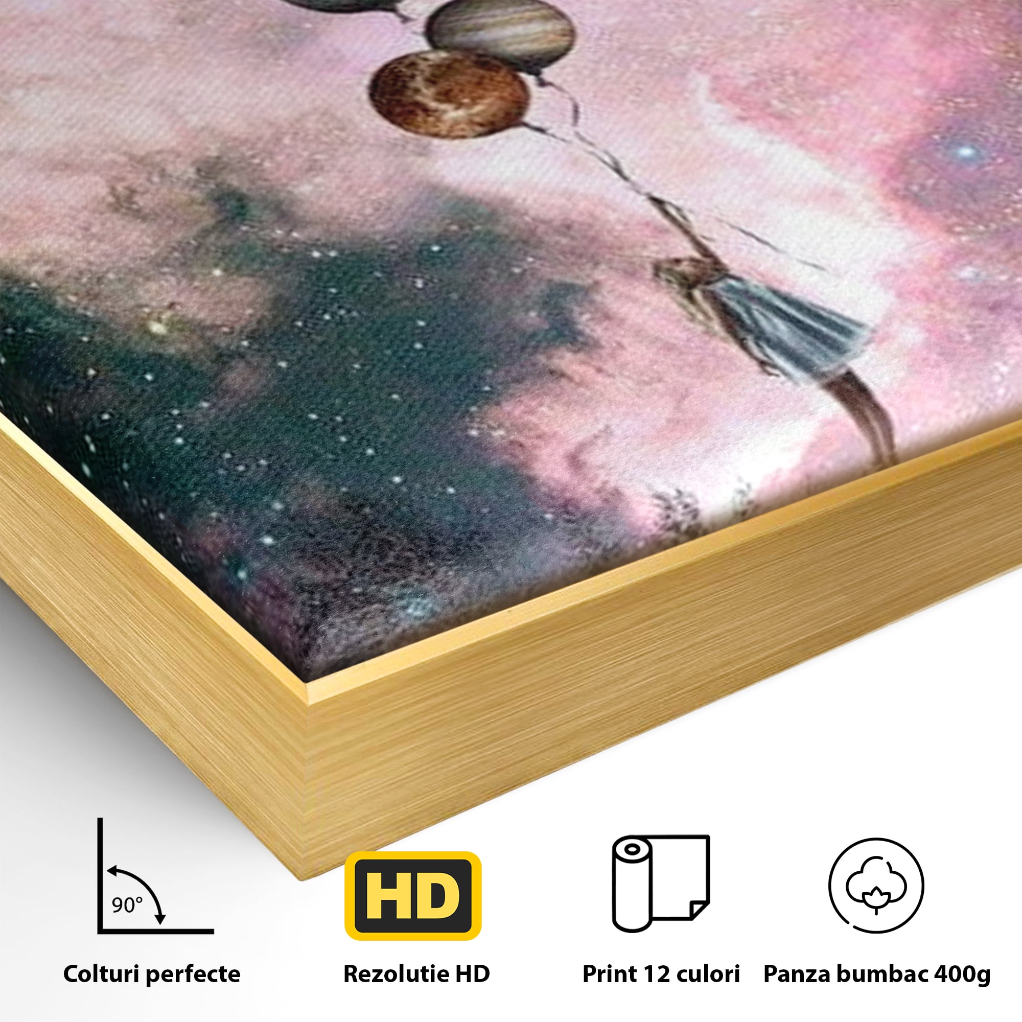 Tablou Canvas Premium, LuxCanva® K1017, Fetita si Planetele,  Univers, Maini, Intinse, Planete, Cosmic, Stele, Ganduri, Dorinte, Emotie, Curaj, Sistem, Solar, Galaxii, Pastel, Camera Copii