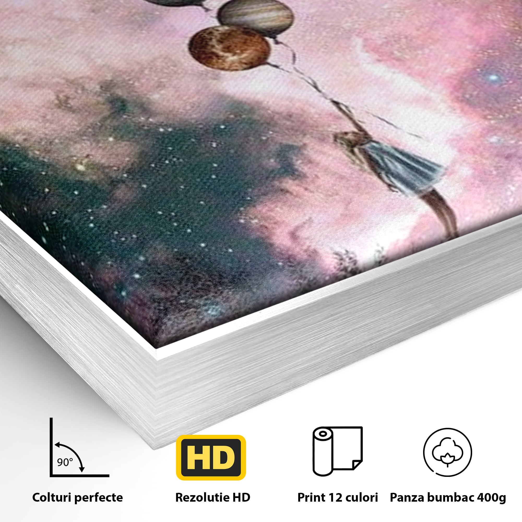 Tablou Canvas Premium, LuxCanva® K1017, Fetita si Planetele,  Univers, Maini, Intinse, Planete, Cosmic, Stele, Ganduri, Dorinte, Emotie, Curaj, Sistem, Solar, Galaxii, Pastel, Camera Copii