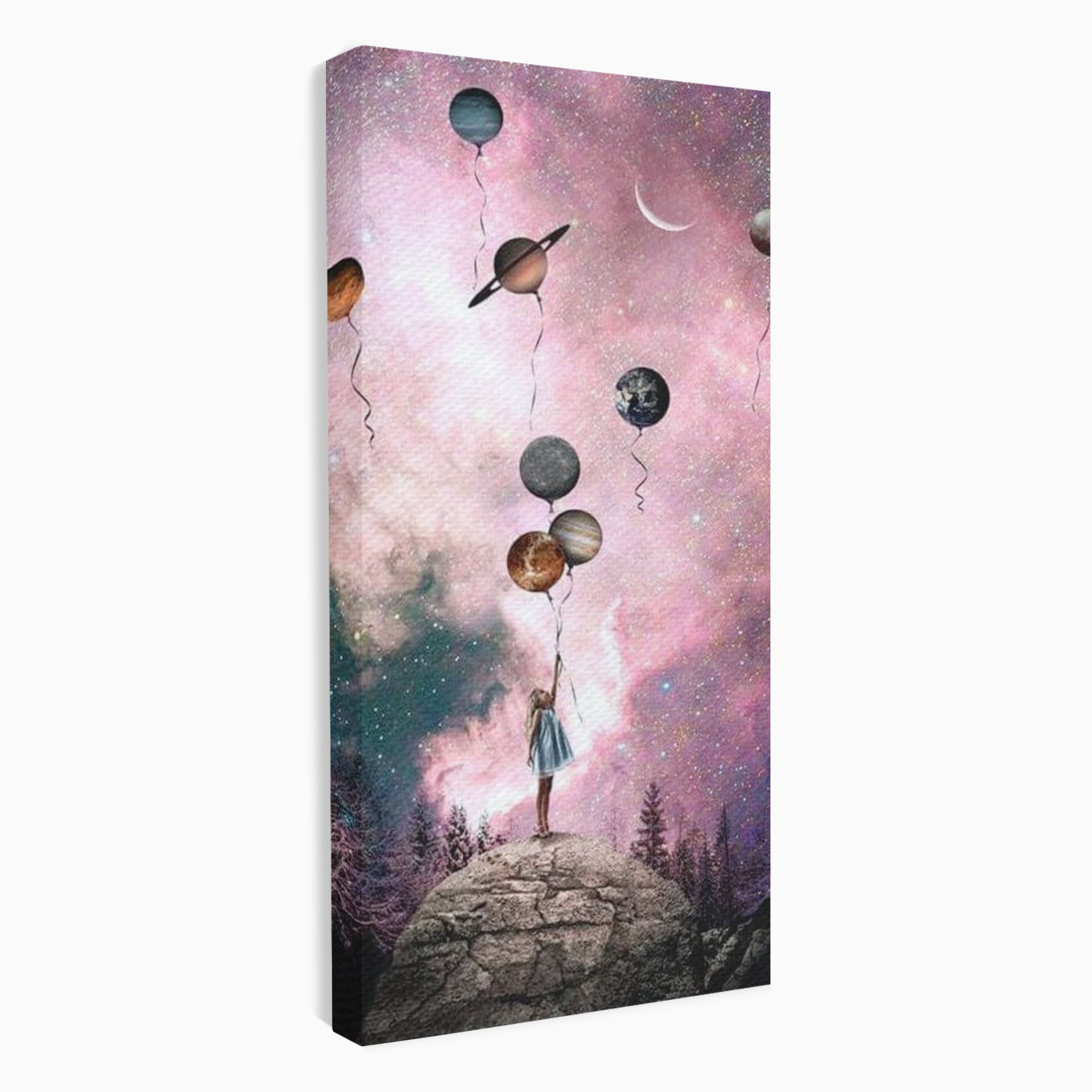 Tablou Canvas Premium, LuxCanva® K1017, Fetita si Planetele,  Univers, Maini, Intinse, Planete, Cosmic, Stele, Ganduri, Dorinte, Emotie, Curaj, Sistem, Solar, Galaxii, Pastel, Camera Copii