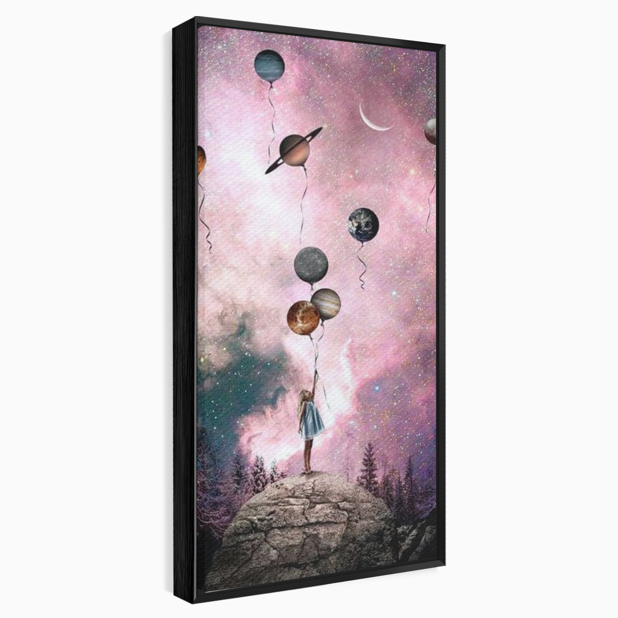 Tablou Canvas Premium, LuxCanva® K1017, Fetita si Planetele,  Univers, Maini, Intinse, Planete, Cosmic, Stele, Ganduri, Dorinte, Emotie, Curaj, Sistem, Solar, Galaxii, Pastel, Camera Copii