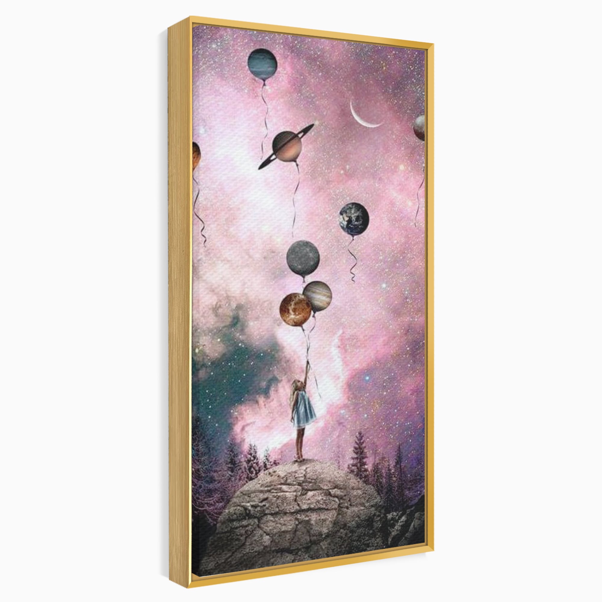 Tablou Canvas Premium, LuxCanva® K1017, Fetita si Planetele,  Univers, Maini, Intinse, Planete, Cosmic, Stele, Ganduri, Dorinte, Emotie, Curaj, Sistem, Solar, Galaxii, Pastel, Camera Copii