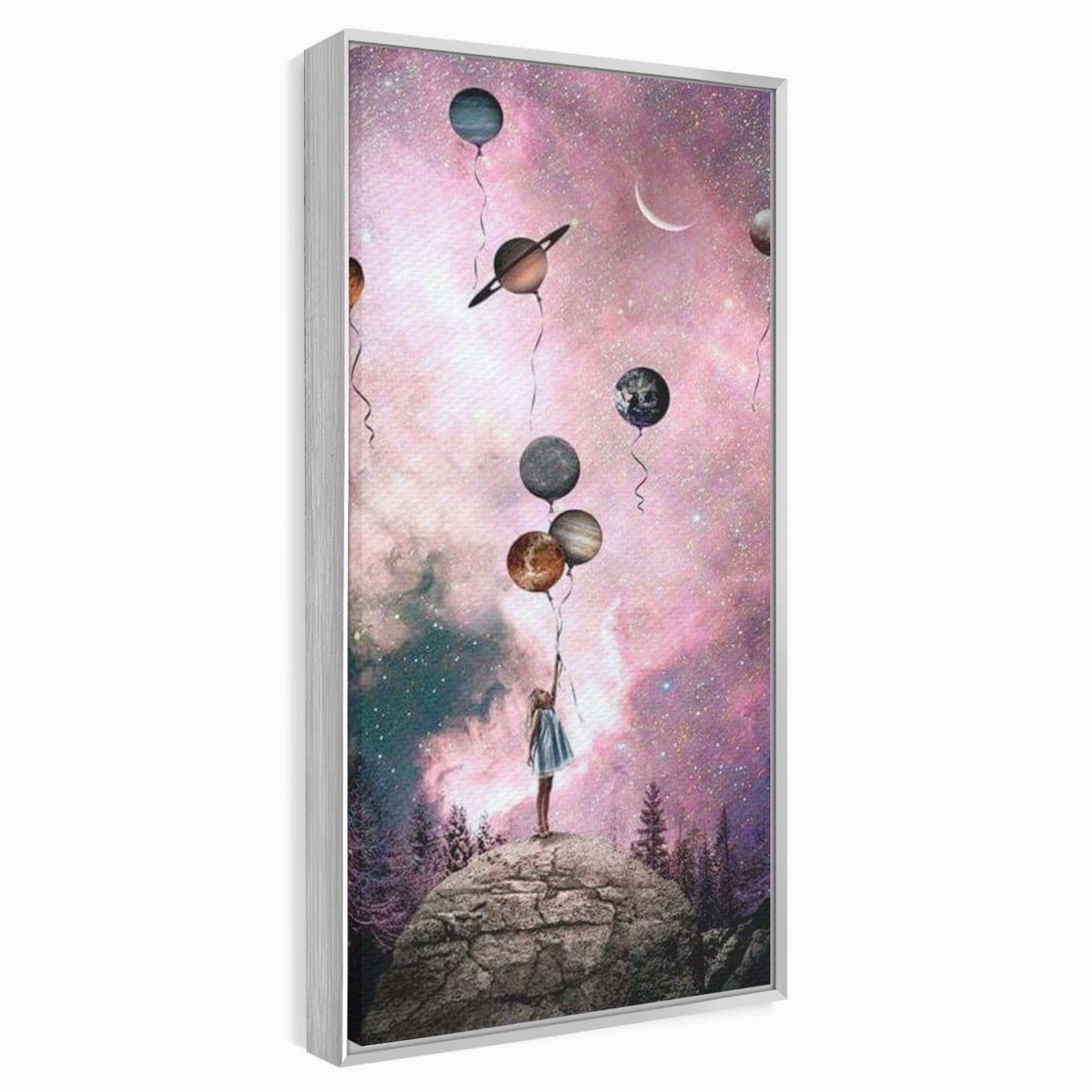Tablou Canvas Premium, LuxCanva® K1017, Fetita si Planetele,  Univers, Maini, Intinse, Planete, Cosmic, Stele, Ganduri, Dorinte, Emotie, Curaj, Sistem, Solar, Galaxii, Pastel, Camera Copii