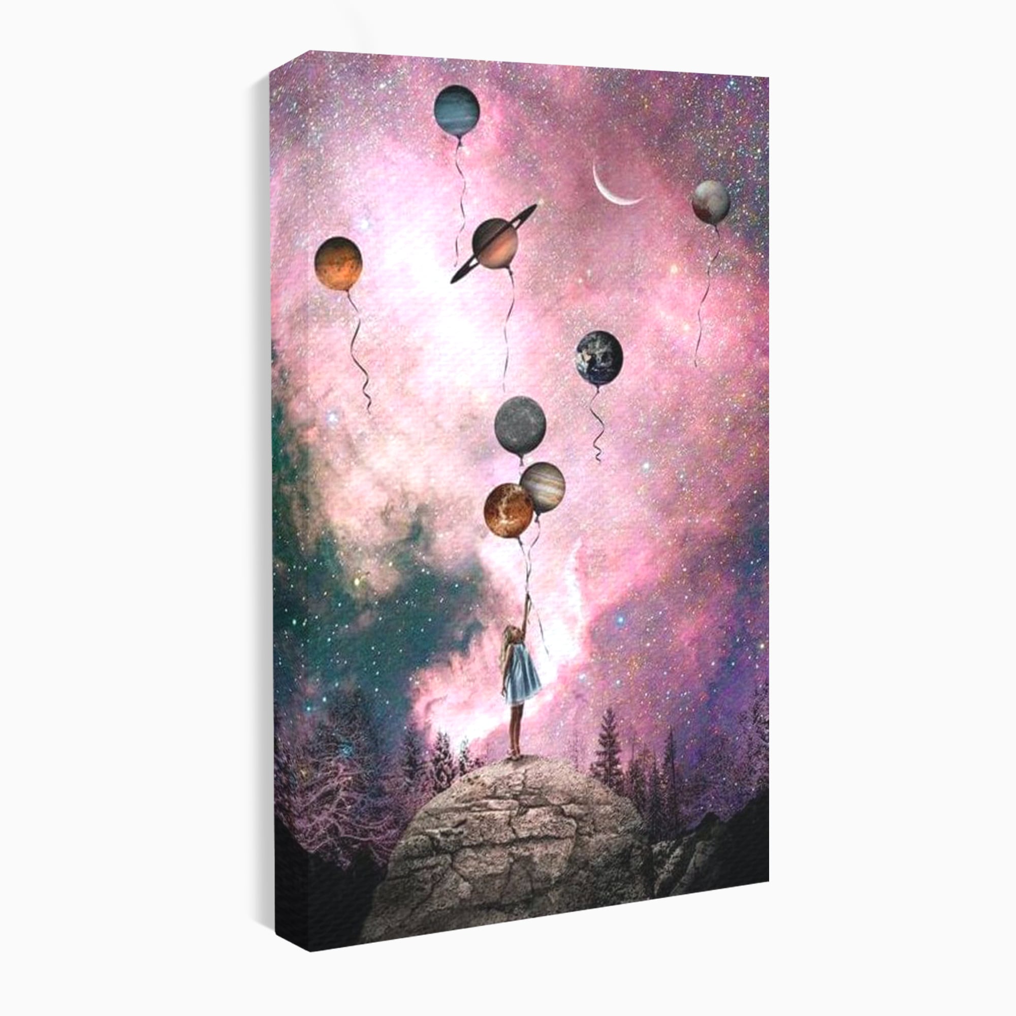 Tablou Canvas Premium, LuxCanva® K1017, Fetita si Planetele,  Univers, Maini, Intinse, Planete, Cosmic, Stele, Ganduri, Dorinte, Emotie, Curaj, Sistem, Solar, Galaxii, Pastel, Camera Copii