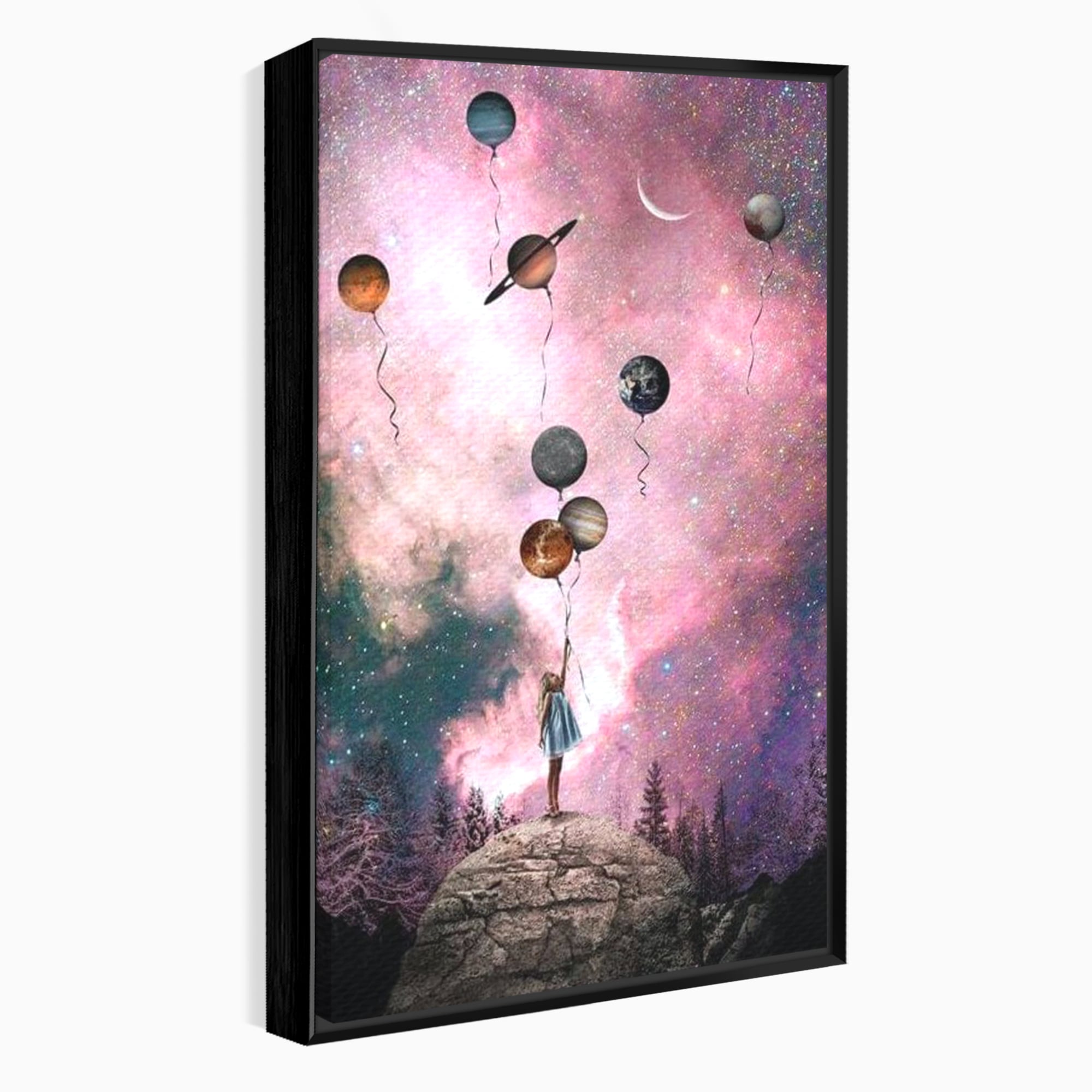 Tablou Canvas Premium, LuxCanva® K1017, Fetita si Planetele,  Univers, Maini, Intinse, Planete, Cosmic, Stele, Ganduri, Dorinte, Emotie, Curaj, Sistem, Solar, Galaxii, Pastel, Camera Copii