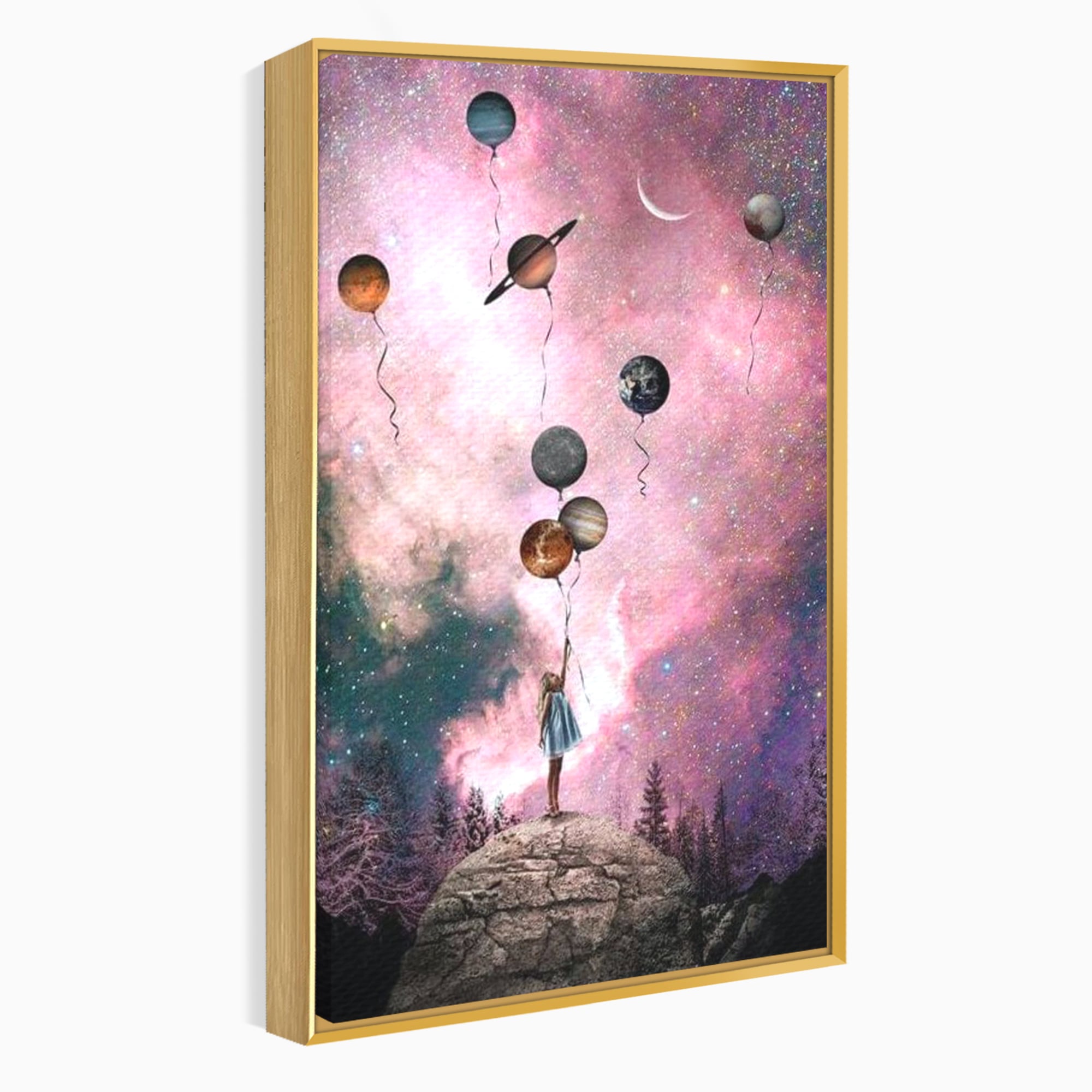 Tablou Canvas Premium, LuxCanva® K1017, Fetita si Planetele,  Univers, Maini, Intinse, Planete, Cosmic, Stele, Ganduri, Dorinte, Emotie, Curaj, Sistem, Solar, Galaxii, Pastel, Camera Copii