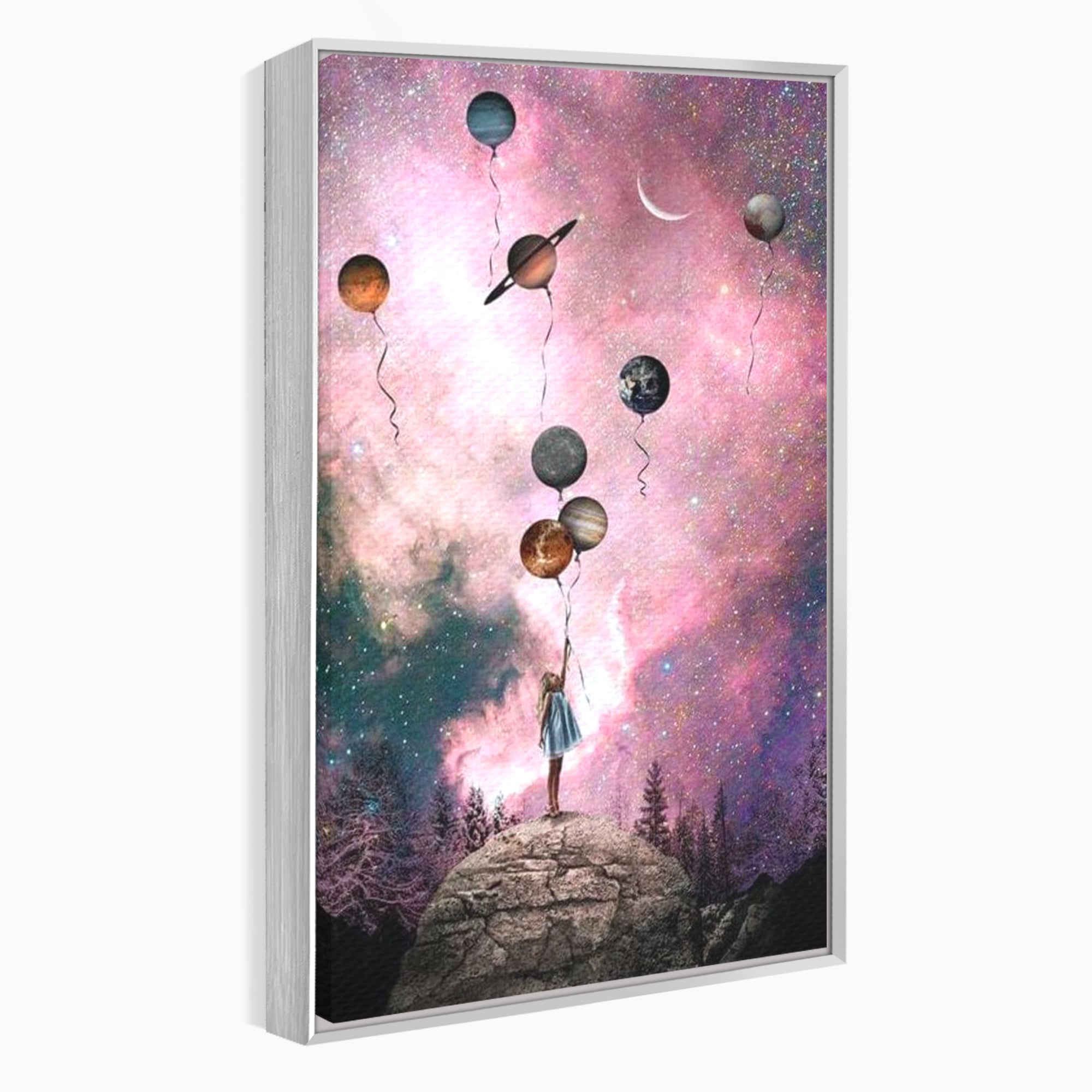 Tablou Canvas Premium, LuxCanva® K1017, Fetita si Planetele,  Univers, Maini, Intinse, Planete, Cosmic, Stele, Ganduri, Dorinte, Emotie, Curaj, Sistem, Solar, Galaxii, Pastel, Camera Copii