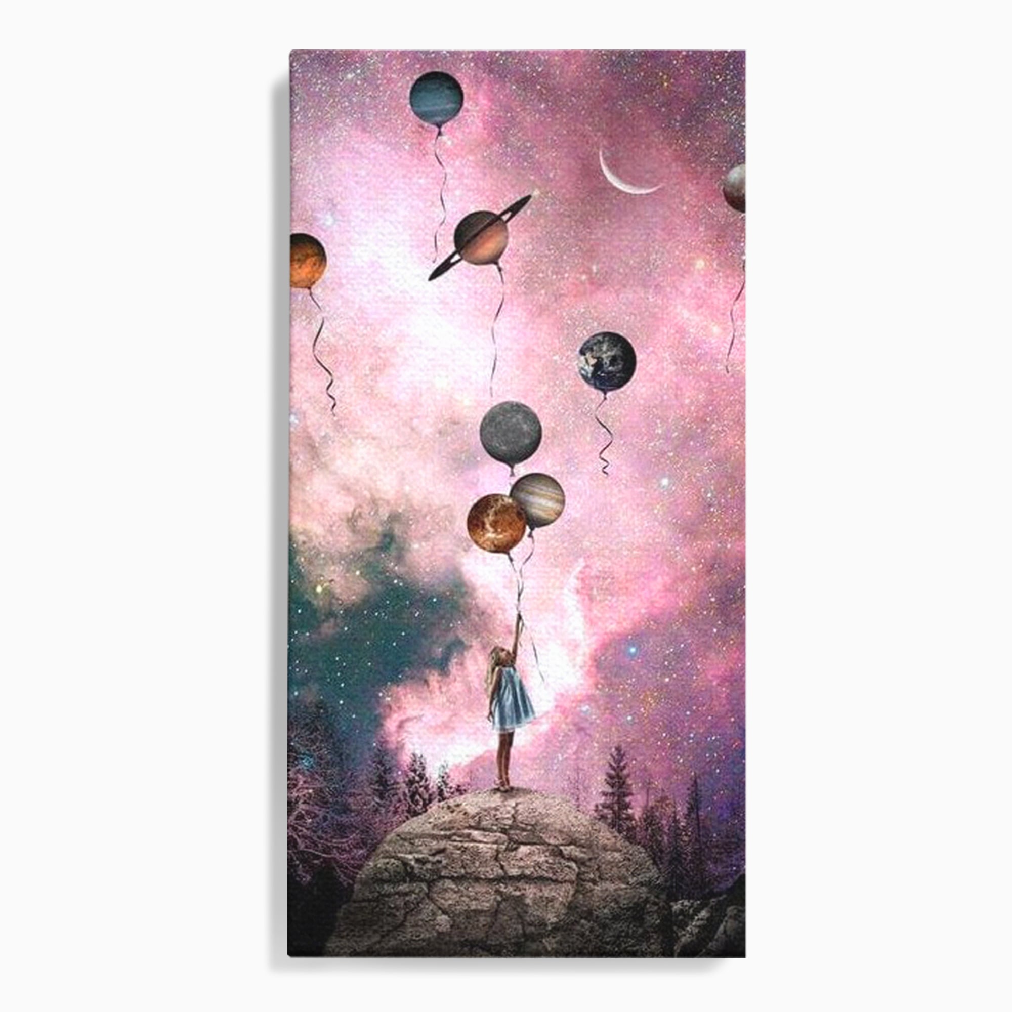 Tablou Canvas Premium, LuxCanva® K1017, Fetita si Planetele,  Univers, Maini, Intinse, Planete, Cosmic, Stele, Ganduri, Dorinte, Emotie, Curaj, Sistem, Solar, Galaxii, Pastel, Camera Copii