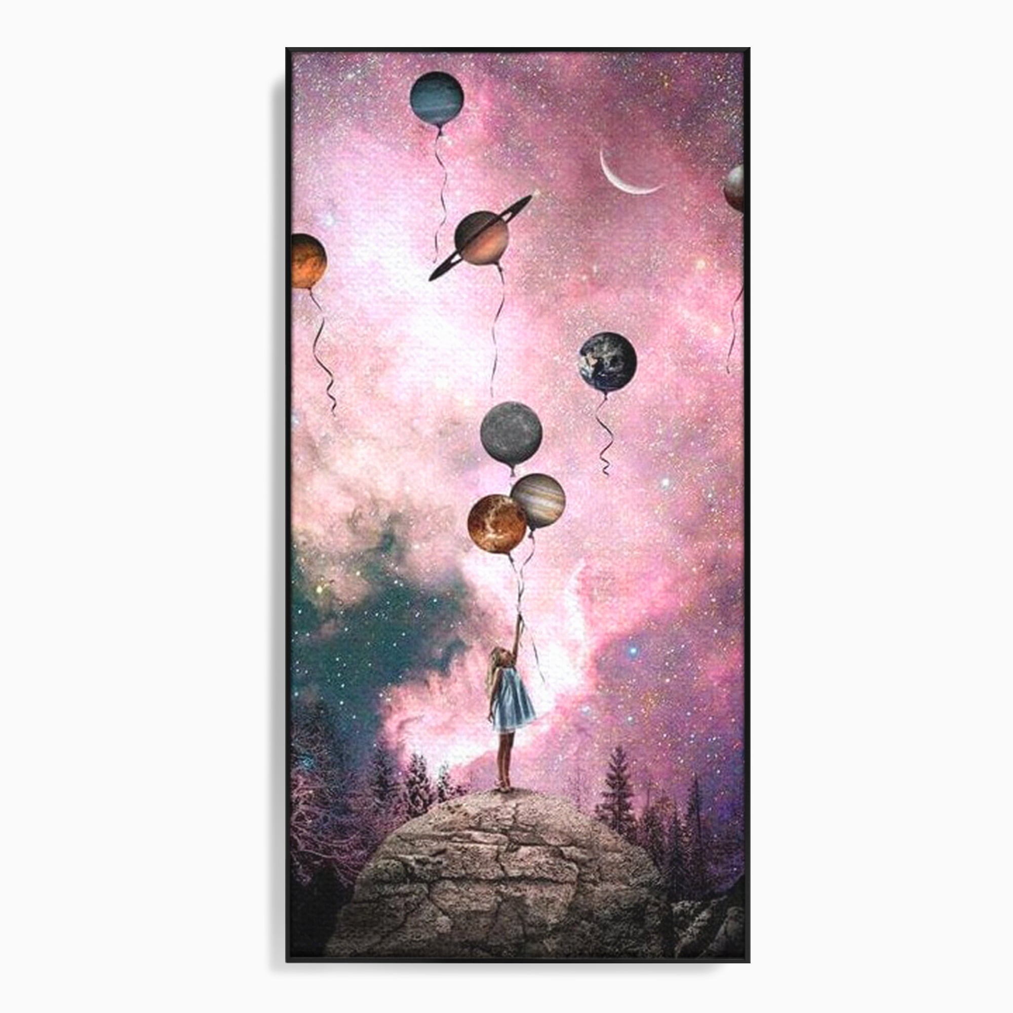 Tablou Canvas Premium, LuxCanva® K1017, Fetita si Planetele,  Univers, Maini, Intinse, Planete, Cosmic, Stele, Ganduri, Dorinte, Emotie, Curaj, Sistem, Solar, Galaxii, Pastel, Camera Copii